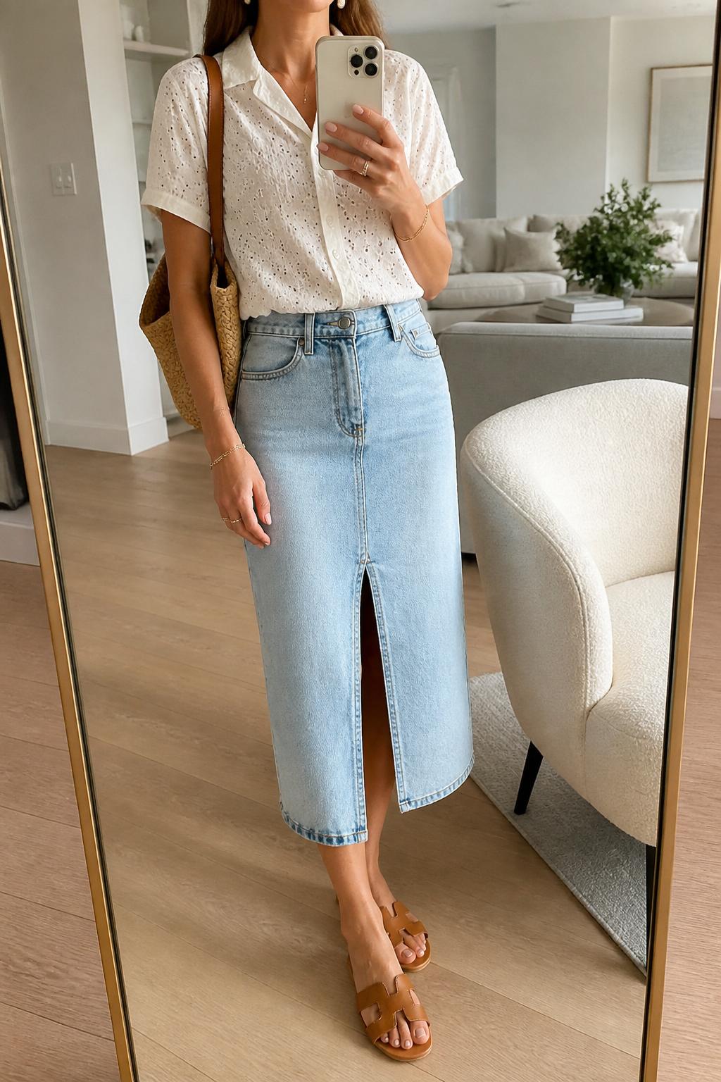 IMAGE_PROMPT: mirror selfie of a woman wearing a white eyelet short-sleeve blouse, light wash denim midi skirt with front slit, tan leather slide sandals, raffia shoulder bag, and small pearl earrings, clearly showing the same clothing items listed in the Outfit Pieces section, holding a phone in front of a mirror, cropped at the NECK so the face does not show, relaxed casual selfie pose, in a modern living room mirror setup, soft morning light, with accent chair beside the mirror, latest iPhone photo quality.