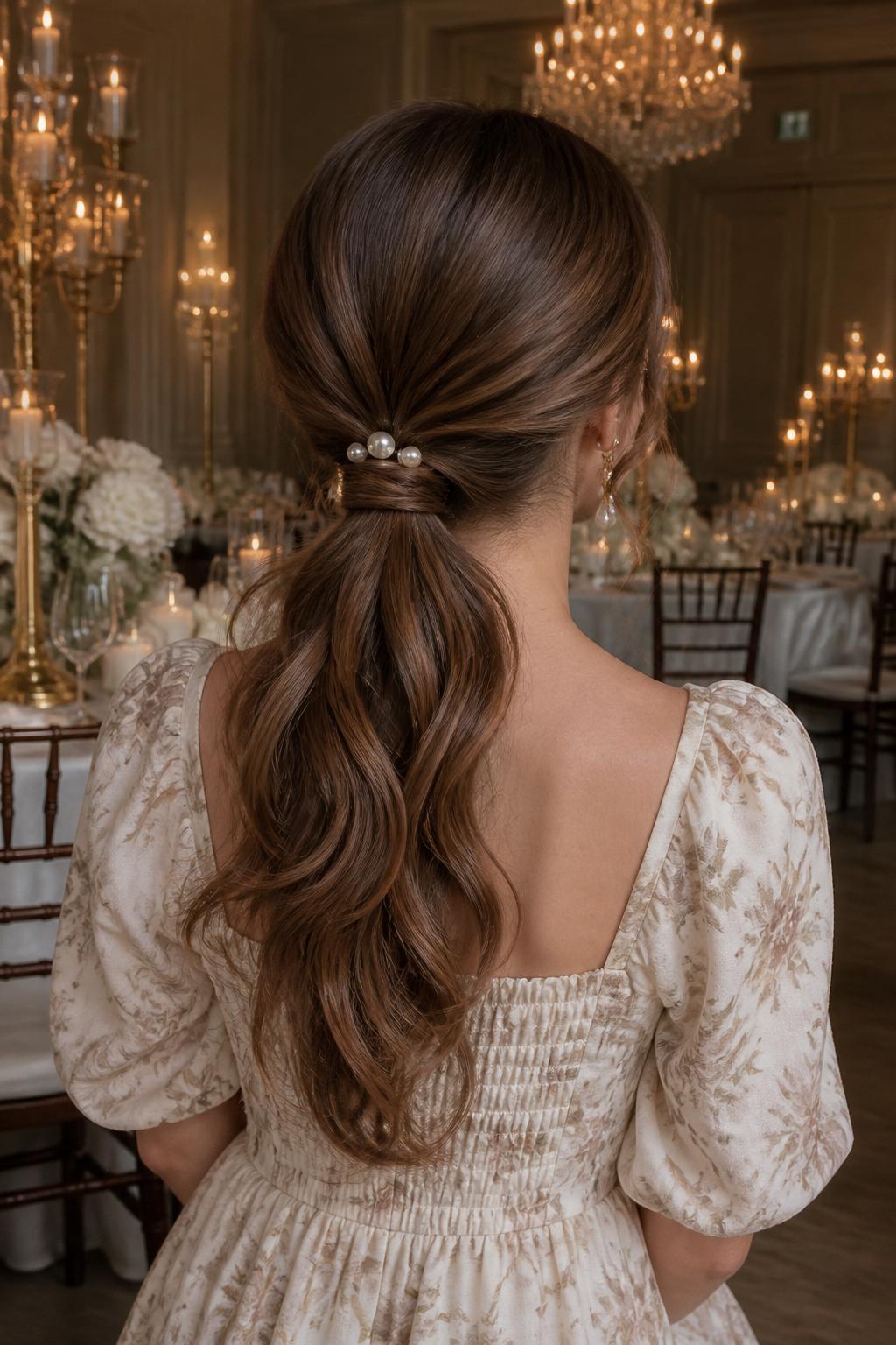 Image Prompt:
A realistic back-view hairstyle photo of a woman with medium-long chestnut brown hair styled into a low ponytail with soft waves, small pearl pins placed around the wrapped ponytail base, smooth crown, loose curled tendrils around the cheeks, ivory floral midi dress, elegant indoor wedding reception background, warm candlelit glow, classy feminine hairstyle inspiration, high-resolution DSLR photo, no text, (no watermarks on images)
