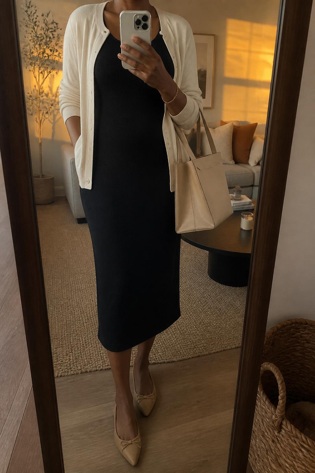 IMAGE_PROMPT: mirror selfie of a black woman wearing a black sleeveless midi dress, cream lightweight cardigan, tan pointed flats, structured beige work bag, and delicate gold bracelet, clearly showing the same clothing items listed in the Outfit Pieces section, holding a phone in front of a mirror, cropped at the NECK so the face does not show, relaxed casual selfie pose, in a cozy living room with a leaning floor mirror, evening golden hour, with woven basket near the mirror, latest iPhone photo quality.