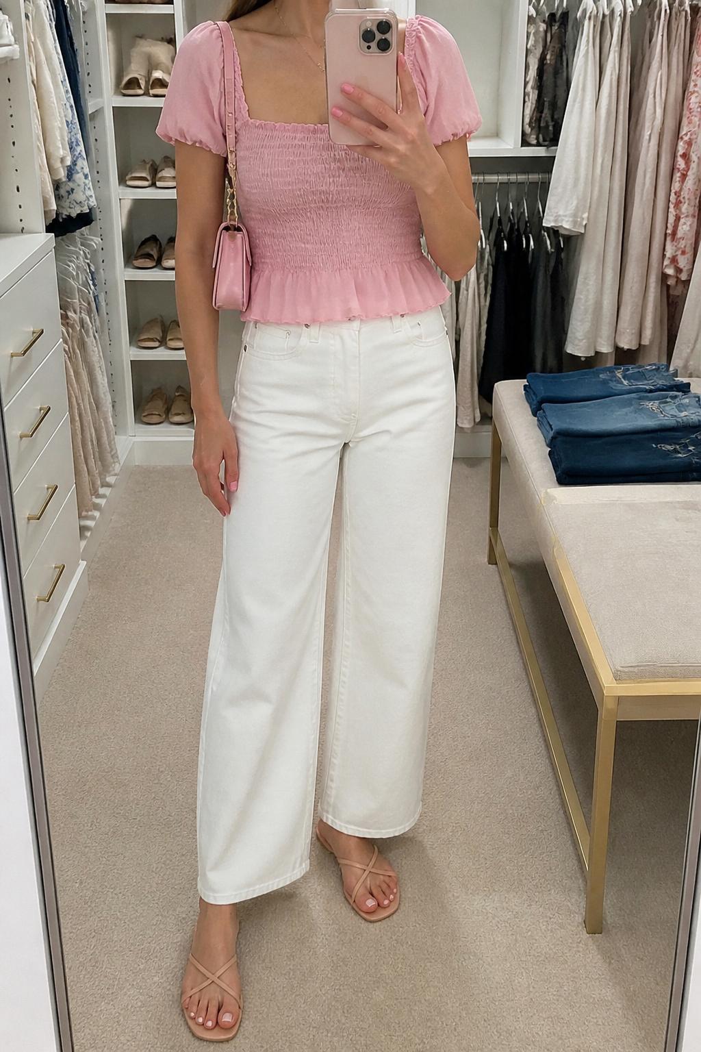 IMAGE_PROMPT: mirror selfie of a woman wearing a soft pink smocked square-neck top, white wide-leg jeans, nude strappy flat sandals, pink mini shoulder bag, and glossy pink lip makeup, clearly showing the same clothing items listed in the Outfit Pieces section, holding a phone in front of a mirror, cropped at the NECK so the face does not show, relaxed casual selfie pose, in a walk-in closet mirror, soft indoor lighting, with folded denim jeans on a bench, latest iPhone photo quality.
