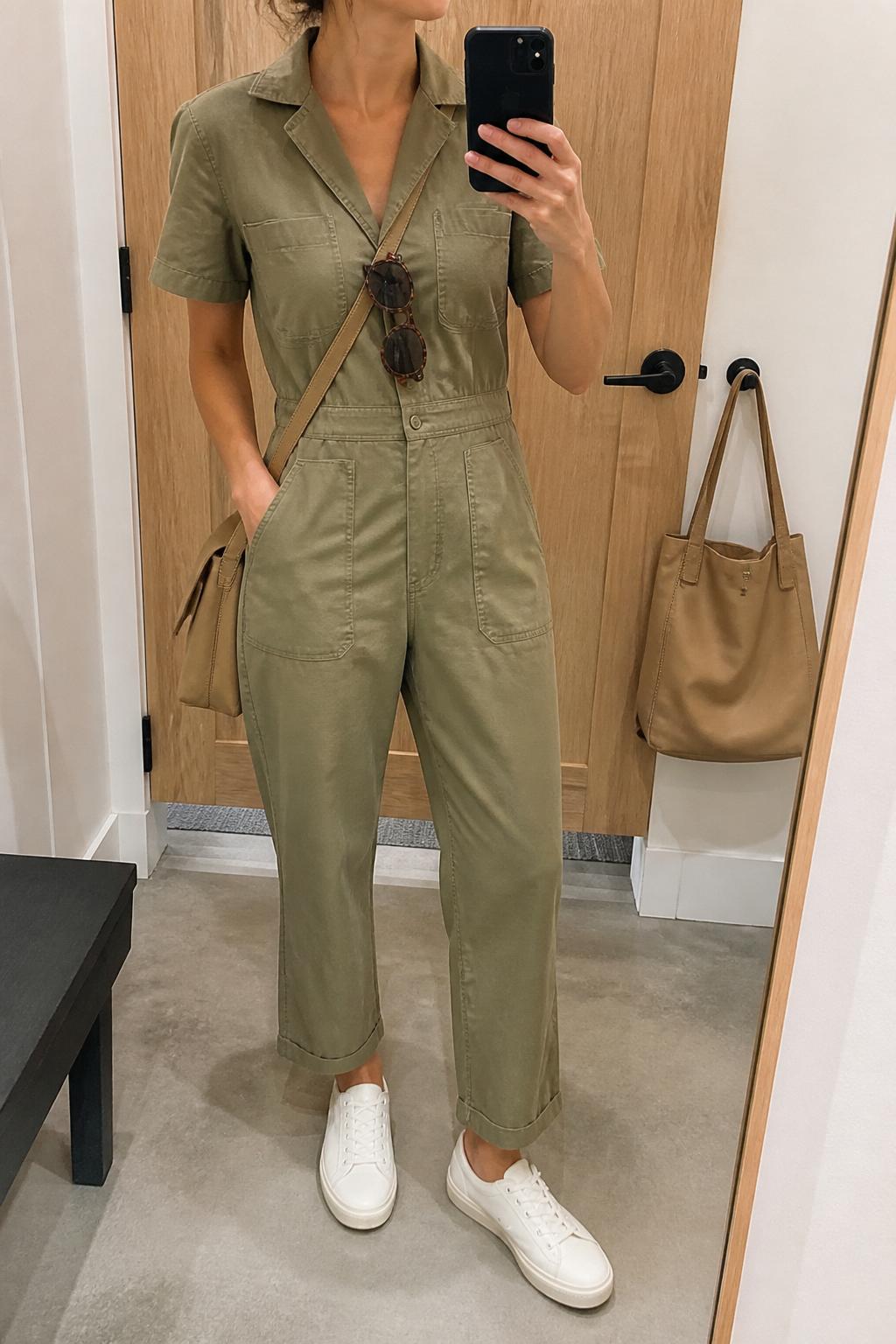 IMAGE_PROMPT: mirror selfie of a woman wearing a khaki short-sleeve utility jumpsuit, white low-top sneakers, tan canvas crossbody bag, tortoiseshell sunglasses, and loose low bun, clearly showing the same clothing items listed in the Outfit Pieces section, holding a phone in front of a mirror, cropped at the NECK so the face does not show, relaxed casual selfie pose, in a minimal dressing room, soft indoor lighting, with handbag hanging on a door handle, latest iPhone photo quality.