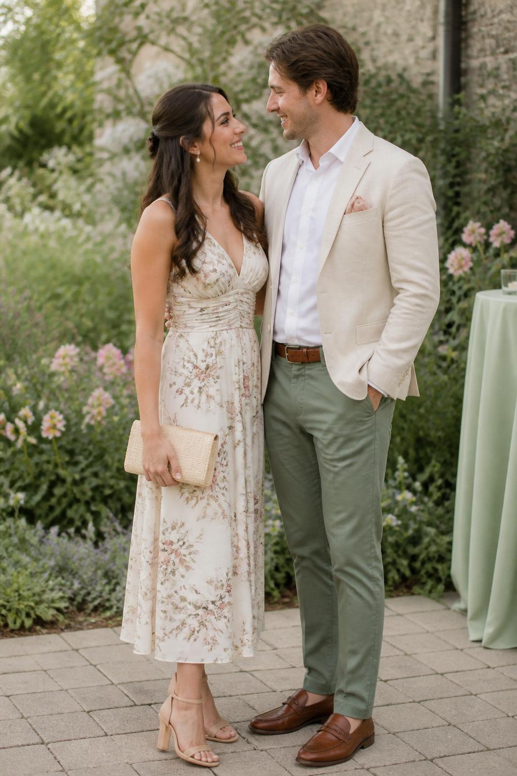 Outfit Image Prompt:
A couple at a semi formal garden party, realistic soft editorial photo style, warm natural daylight, natural skin texture, realistic shadows, soft flower-filled background blur, relaxed standing pose. The woman wears a cream midi dress with small blush and sage floral print, nude heels, a woven cream clutch, pearl drop earrings, and half-up soft curls. The man wears sage green tailored trousers, a white shirt, a cream linen blazer, brown loafers, and a blush pocket square. The outfits coordinate with the floral print colors without being identical. Include normal fabric wrinkles in the linen blazer, real dress folds, natural hands, soft facial details, no over-sharpening, no plastic skin, no waxy faces, no AI-perfect symmetry, no airbrushed finish, no watermarks on images.