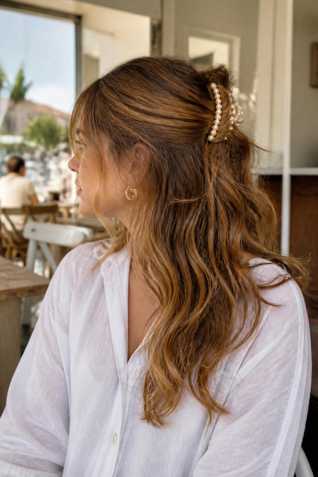 Image Prompt:
A realistic beauty photo of a woman with long honey brown wavy hair styled half up half down with a medium pearl claw clip, top section loosely gathered at the crown, soft messy waves flowing over the shoulders, wispy tendrils around the cheeks, white linen blouse, airy café background, bright natural daylight, romantic everyday hairstyle inspiration, high-resolution DSLR style, no text, (no watermarks on images)