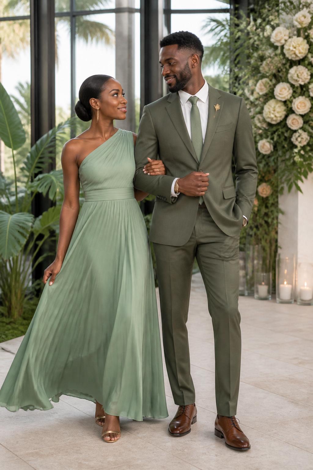 Outfit Image Prompt:
A Black couple dressed as stylish wedding guests at a modern botanical wedding venue, woman wearing a flowing sage green one-shoulder maxi dress with soft pleats, gold drop earrings, sleek low bun, and metallic gold heels, man wearing a tailored olive green suit with a crisp ivory shirt, sage tie, brown leather dress shoes, and a gold lapel pin, standing beside tall glass windows, tropical plants, and cream floral arrangements, coordinated green couple wedding guest outfits, elegant indoor-outdoor venue, soft daylight, full-body fashion editorial, refined and romantic, no bridal clothing, realistic skin tones, detailed fabric movement, no watermarks on images