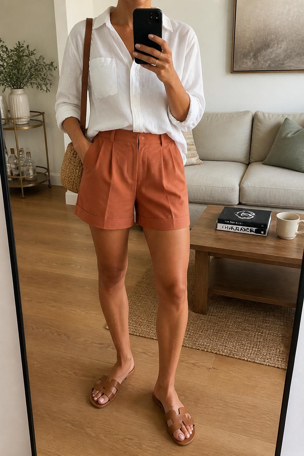 IMAGE_PROMPT: mirror selfie of a woman wearing a white linen button-down shirt, terracotta tailored shorts, tan leather slide sandals, woven shoulder bag, and sleek low bun, clearly showing the same clothing items listed in the Outfit Pieces section, holding a phone in front of a mirror, cropped at the NECK so the face does not show, relaxed casual selfie pose, in a modern living room mirror setup, natural window light, with coffee table with a book and mug, latest iPhone photo quality.