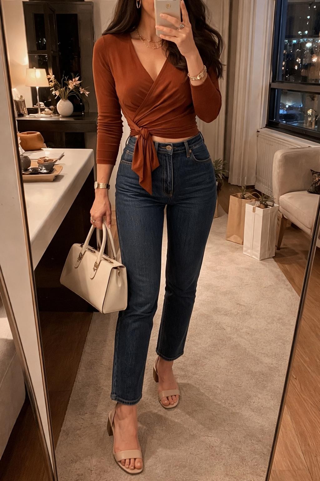 IMAGE_PROMPT: mirror selfie of a woman wearing a rust cotton-blend wrap top, dark wash straight-leg denim jeans, nude block-heel sandals, cream structured handbag, and soft brown eyeliner, holding a phone in front of a mirror, cropped at the NECK so the face does not show, relaxed casual selfie pose, in a stylish city apartment, warm moody lighting, with jewelry tray on the vanity and shopping bags beside a chair. Latest iPhone photo quality.