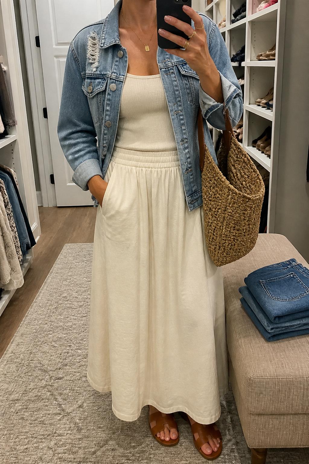 IMAGE_PROMPT: mirror selfie of a woman wearing a distressed light wash jean jacket, cream ribbed tank top, cream cotton maxi skirt, brown leather flat sandals, and tan woven tote bag, clearly showing the same clothing items listed in the Outfit Pieces section, holding a phone in front of a mirror, cropped at the NECK so the face does not show, relaxed casual selfie pose, in a walk-in closet mirror, soft indoor lighting, with folded denim jeans on a bench, latest iPhone photo quality.