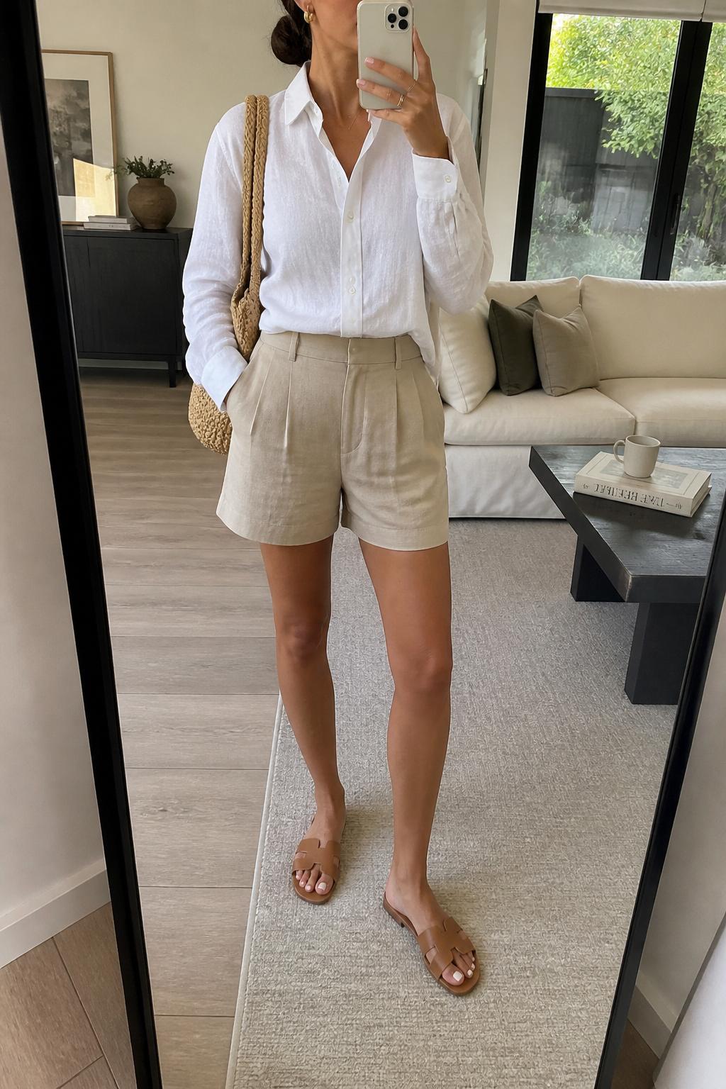 IMAGE_PROMPT: mirror selfie of a woman wearing a white long-sleeve linen button-down shirt, beige tailored shorts, tan leather slide sandals, woven shoulder bag, and sleek low bun, clearly showing the same clothing items listed in the Outfit Pieces section, holding a phone in front of a mirror, cropped at the NECK so the face does not show, relaxed casual selfie pose, in a modern living room mirror setup, natural window light, with coffee table with a book and mug, latest iPhone photo quality.