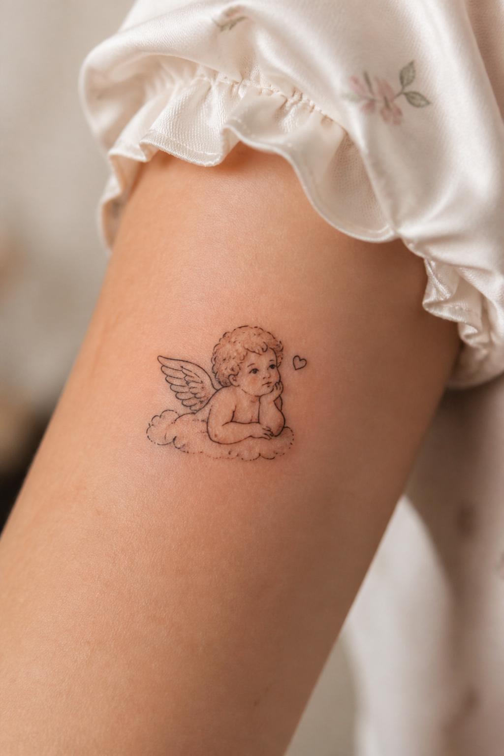 Image Prompt: "Macro shot of a sweet little cherub flash tattoo on the upper arm, tiny black outline, soft peach shading, small heart accent near the cherub, cute vintage feminine style, clean realistic skin texture, silk blouse cuff nearby, minimal soft background, close-up design-focused tattoo inspiration photo"