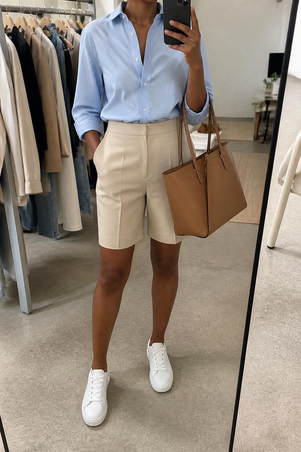 IMAGE_PROMPT: mirror selfie of a black woman wearing a soft blue cotton button-down shirt, beige tailored Bermuda shorts, white leather sneakers, structured tan tote bag, and small pearl earrings, clearly showing the same clothing items listed in the Outfit Pieces section, holding a phone in front of a mirror, cropped at the NECK so the face does not show, relaxed casual selfie pose, in a fashion studio mirror corner, soft morning light, with clothing rack with garments behind, latest iPhone photo quality.