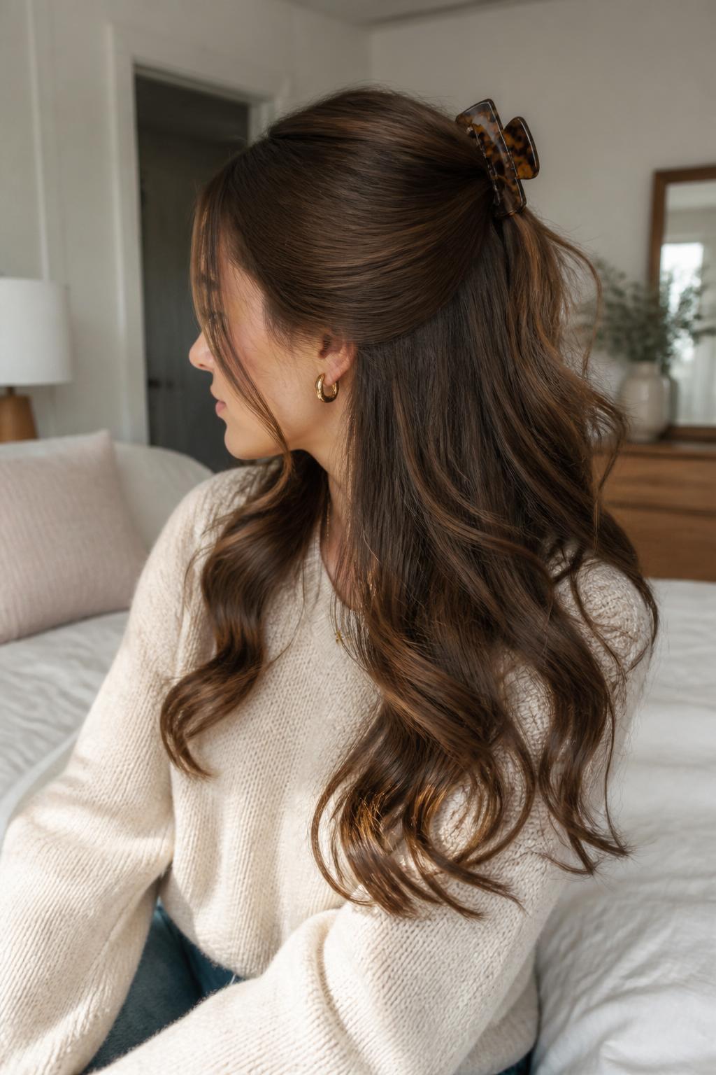 Image Prompt:
A realistic editorial beauty photo of a woman with long soft brunette waves styled in a half up half down claw clip hairstyle, top section gently pulled back and secured with a medium tortoiseshell claw clip at the crown, loose face-framing strands, glossy natural waves flowing over the shoulders, cream knit sweater, small gold earrings, warm natural window light, cozy neutral bedroom background, soft feminine everyday hairstyle inspiration, high-resolution DSLR photo, no text, (no watermarks on images)