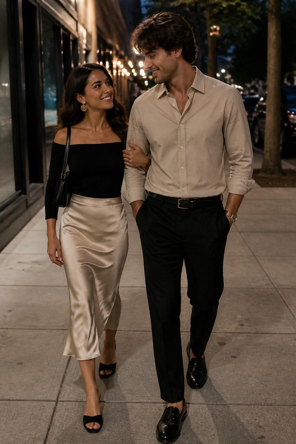 Outfit Image Prompt:
A trendy couple walking down a quiet city sidewalk after a dinner reservation, realistic phone-camera street style photo, soft evening light, natural skin texture, realistic shadows, soft focus lights in the background. The woman wears a champagne satin midi skirt with a fitted black off-shoulder top, black heeled mules, a small black shoulder bag, gold earrings, and loose textured waves. The man wears black tailored dress pants, a champagne beige button-down shirt with sleeves casually rolled, black loafers, a black leather belt, and a gold watch. Their outfits coordinate through champagne satin and black accents. Show real fabric folds, relaxed walking pose, slightly imperfect hair movement, no over-sharpening, no plastic-looking skin, no waxy faces, no overly polished model pose, no fake-perfect hands, no watermarks on images.