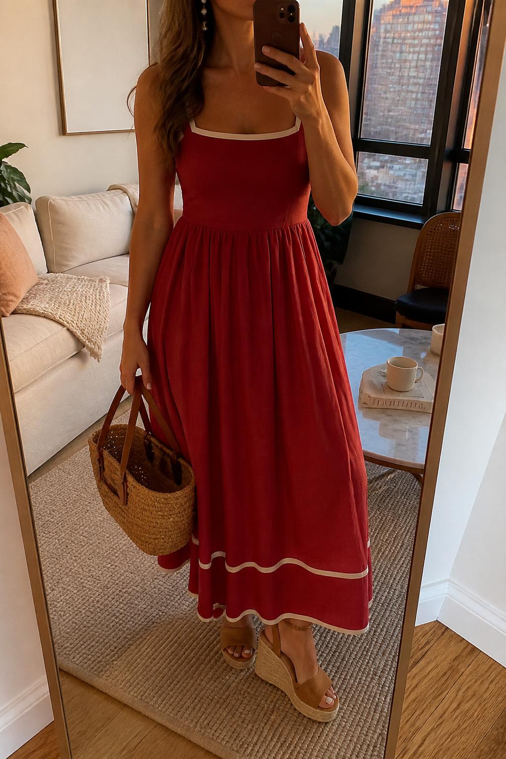 IMAGE_PROMPT: mirror selfie of a woman wearing a red lined linen sundress, tan wedge espadrilles, straw basket bag, pearl drop earrings, and loose wavy hair, clearly showing the same clothing items listed in the Outfit Pieces section, holding a phone in front of a mirror, cropped at the NECK so the face does not show, relaxed casual selfie pose, in a stylish city apartment living room, evening golden hour, with coffee table with a book and mug, latest iPhone photo quality.