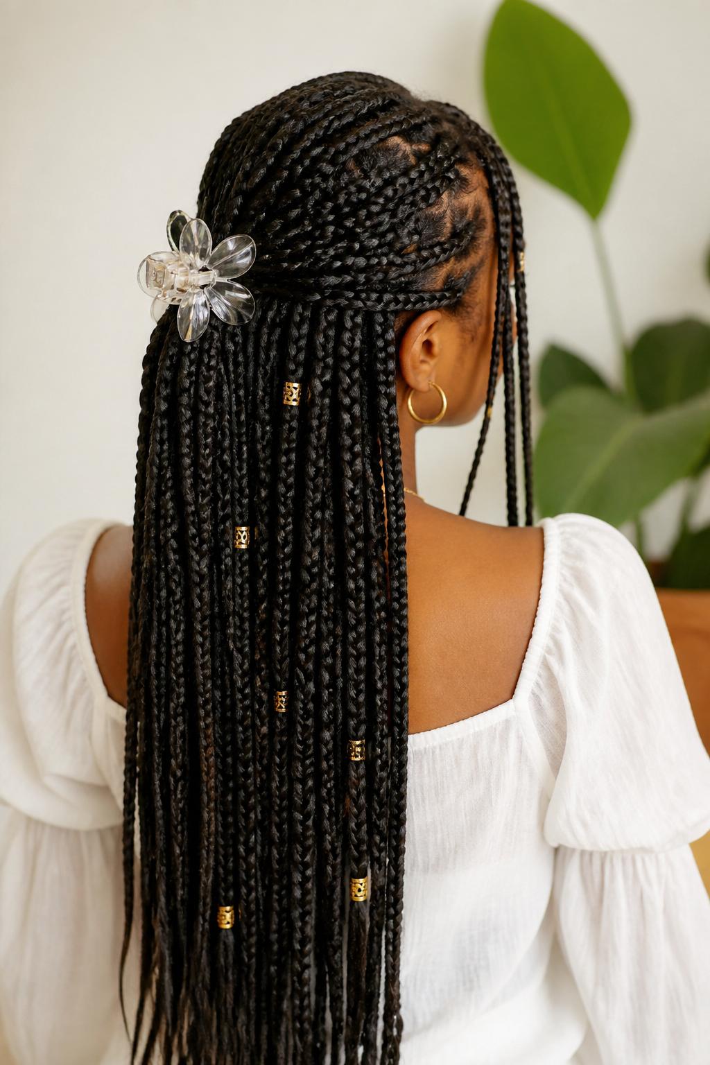 Image Prompt:
A realistic back-view beauty photo of a black woman with long knotless braids styled half-up half-down, top braids gently gathered and secured with a large clear flower claw clip, lower braids flowing down the back, a few front braids left loose, gold braid cuffs, soft white blouse, warm studio lighting, modern protective hairstyle inspiration, high-resolution DSLR photo, no text, (no watermarks on images)