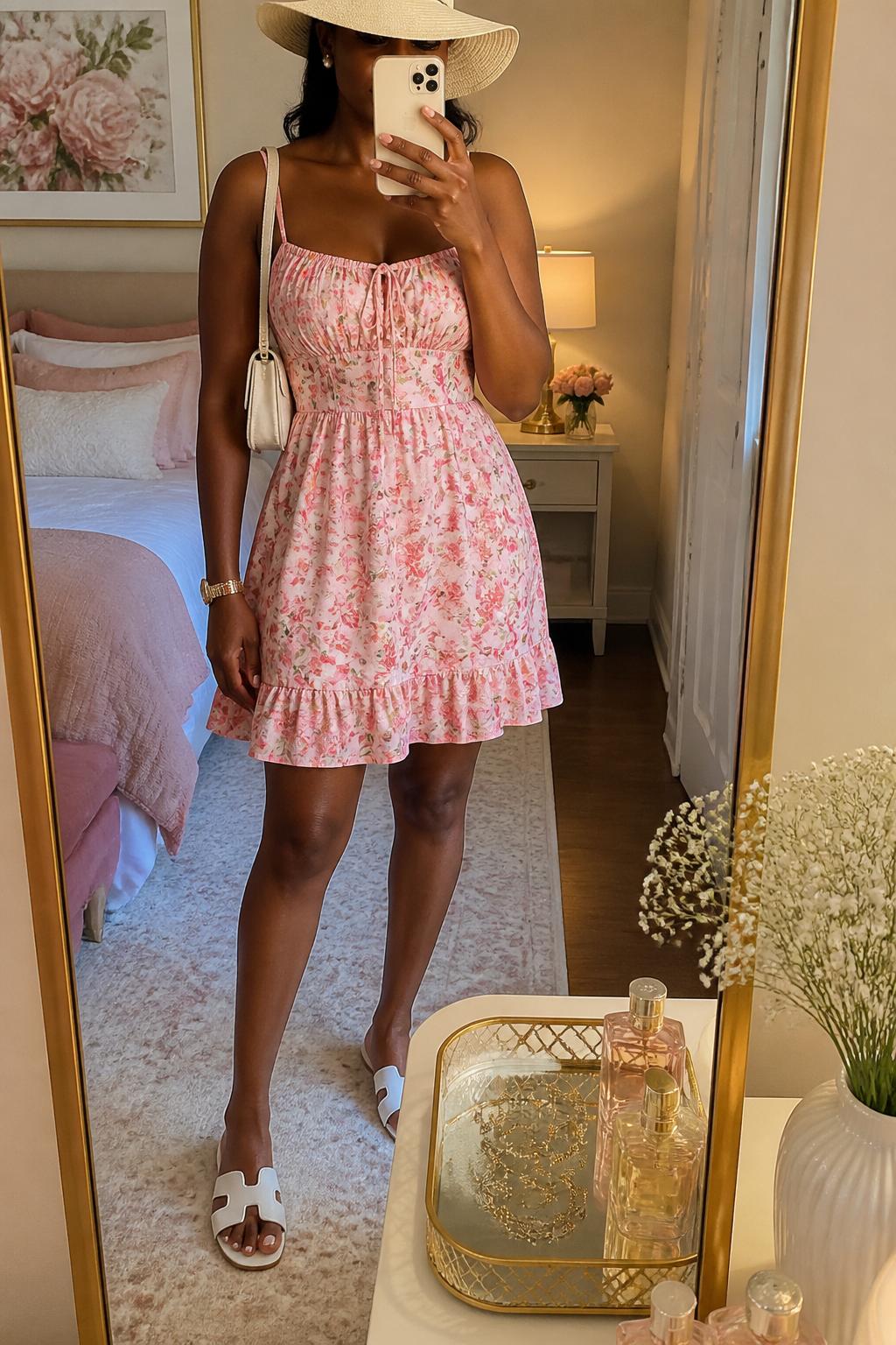 IMAGE_PROMPT: mirror selfie of a black woman wearing a white woven sun hat, pink floral cotton sundress, white flat sandals, cream mini shoulder bag, and pearl stud earrings, clearly showing the same clothing items listed in the Outfit Pieces section, holding a phone in front of a mirror, cropped at the NECK so the face does not show, relaxed casual selfie pose, in a feminine-themed bedroom, evening golden hour, with jewelry tray on the vanity, latest iPhone photo quality.