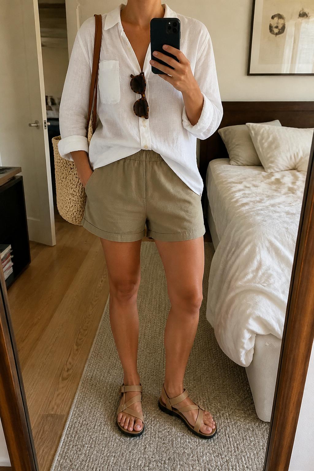 IMAGE_PROMPT: mirror selfie of a woman wearing a white linen button-down shirt, khaki hiking shorts, tan trail sandals, woven tote bag, and tortoiseshell sunglasses, clearly showing the same clothing items listed in the Outfit Pieces section, holding a phone in front of a mirror, cropped at the NECK so the face does not show, relaxed casual selfie pose, in a stylish city apartment bedroom, soft indoor lighting, with soft pillows on an unmade bed, latest iPhone photo quality.