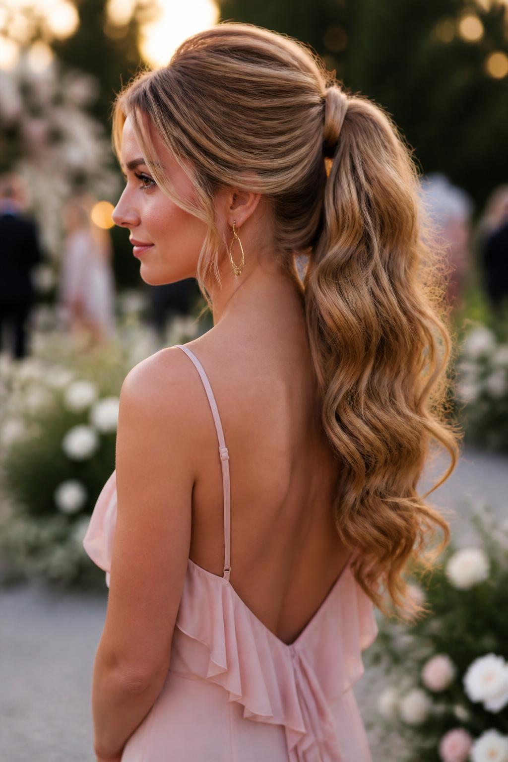 Image Prompt:
A realistic beauty photo of a woman with long honey blonde hair styled into a soft curled high ponytail, lifted crown volume, hair wrapped neatly around the base, big loose curls cascading down the back, face-framing tendrils, blush pink formal dress, delicate gold earrings, outdoor garden wedding background with soft flowers, golden hour light, romantic wedding guest hairstyle inspiration, high-resolution DSLR style, no text, (no watermarks on images)
