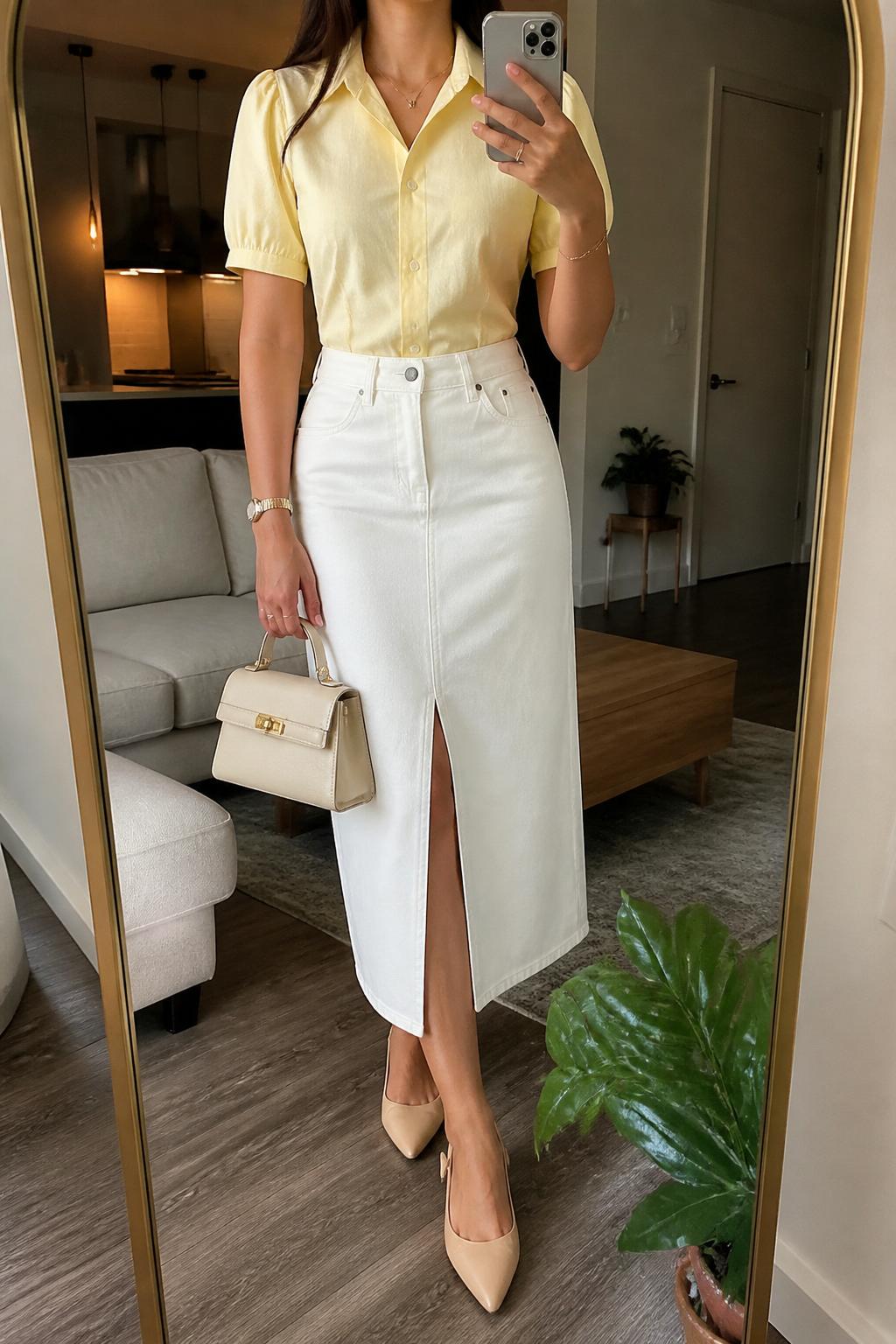 IMAGE_PROMPT: mirror selfie of a woman wearing a butter yellow short-sleeve blouse, white denim midi skirt with front slit, nude slingback flats, cream top-handle bag, and glossy nude lip makeup, clearly showing the same clothing items listed in the Outfit Pieces section, holding a phone in front of a mirror, cropped at the NECK so the face does not show, relaxed casual selfie pose, in a modern living room mirror setup, warm moody lighting, with small plant beside the floor mirror, latest iPhone photo quality.