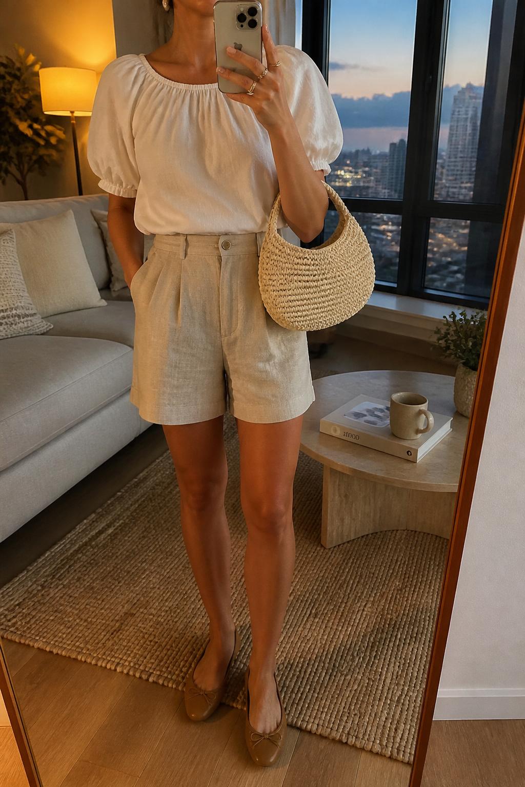 IMAGE_PROMPT: mirror selfie of a woman wearing a white puff-sleeve cotton top, beige linen tailored shorts, tan leather ballet flats, cream woven handbag, and pearl drop earrings, clearly showing the same clothing items listed in the Outfit Pieces section, holding a phone in front of a mirror, cropped at the NECK so the face does not show, relaxed casual selfie pose, in a stylish city apartment living room, evening golden hour, with coffee table with a book and mug, latest iPhone photo quality.