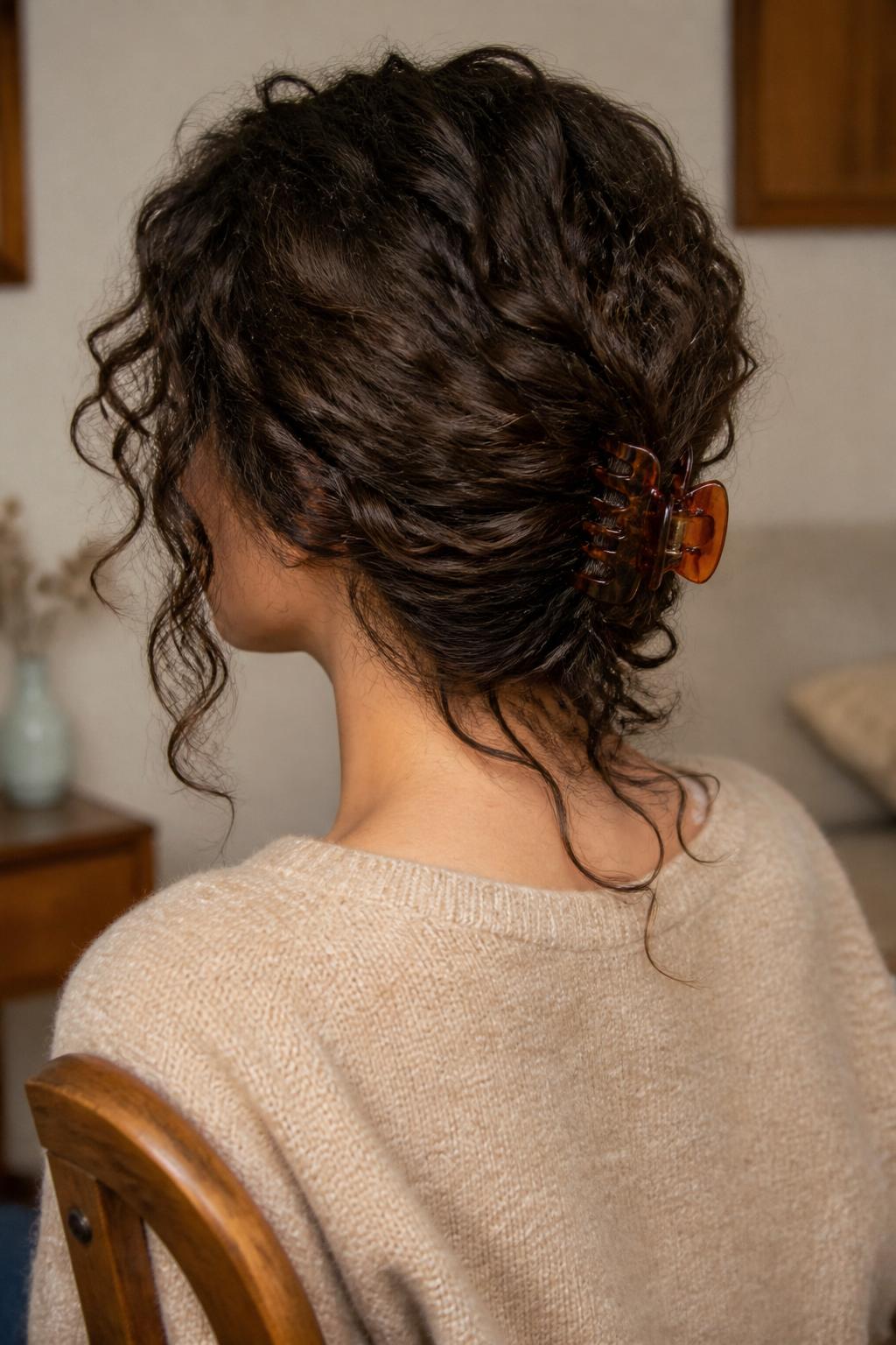 Image Prompt:
A realistic hairstyle photo of a woman with shoulder-length dark brown curly hair styled into a soft low twist secured with a medium amber claw clip at the nape, a few curls left loose around the face and neck, side and back angle, soft beige sweater, warm indoor light, elegant relaxed hairstyle inspiration, cozy home setting, high-resolution photo, no text, (no watermarks on images)
