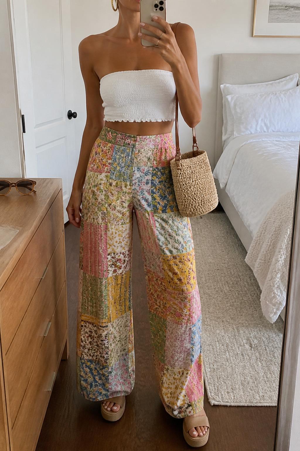 IMAGE_PROMPT: mirror selfie of a woman wearing a white cotton bandeau top, colorful patchwork wide-leg pants, tan platform sandals, woven bucket bag, and oversized hoop earrings, clearly showing the same clothing items listed in the Outfit Pieces section, holding a phone in front of a mirror, cropped at the NECK so the face does not show, relaxed casual selfie pose, in a cozy bedroom mirror setup, soft morning light, with sunglasses placed on a dresser, latest iPhone photo quality.