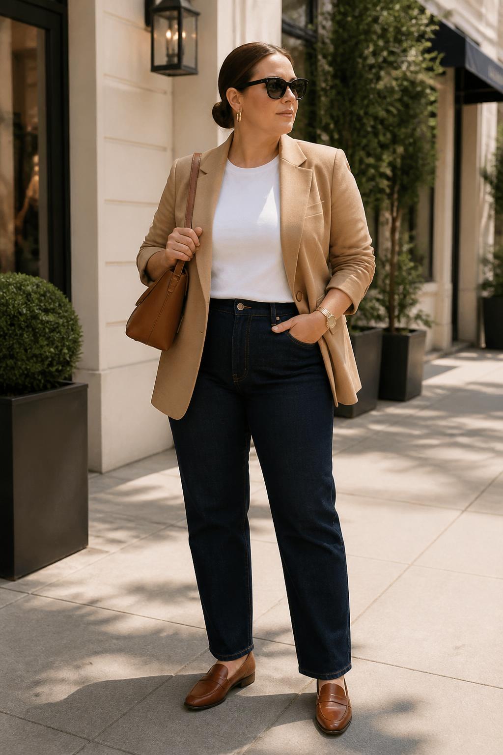 Image Prompt:
A chic old money plus size casual outfit featuring a plus size woman wearing a tailored camel blazer over a crisp white crewneck T-shirt, dark straight-leg jeans, brown leather loafers, a structured brown shoulder bag, gold hoop earrings, a slim watch, and black sunglasses. She is standing on a sunny sidewalk outside a boutique with cream walls and greenery. Realistic editorial street style photo, full-body look, polished casual outfit, no text, no watermark.