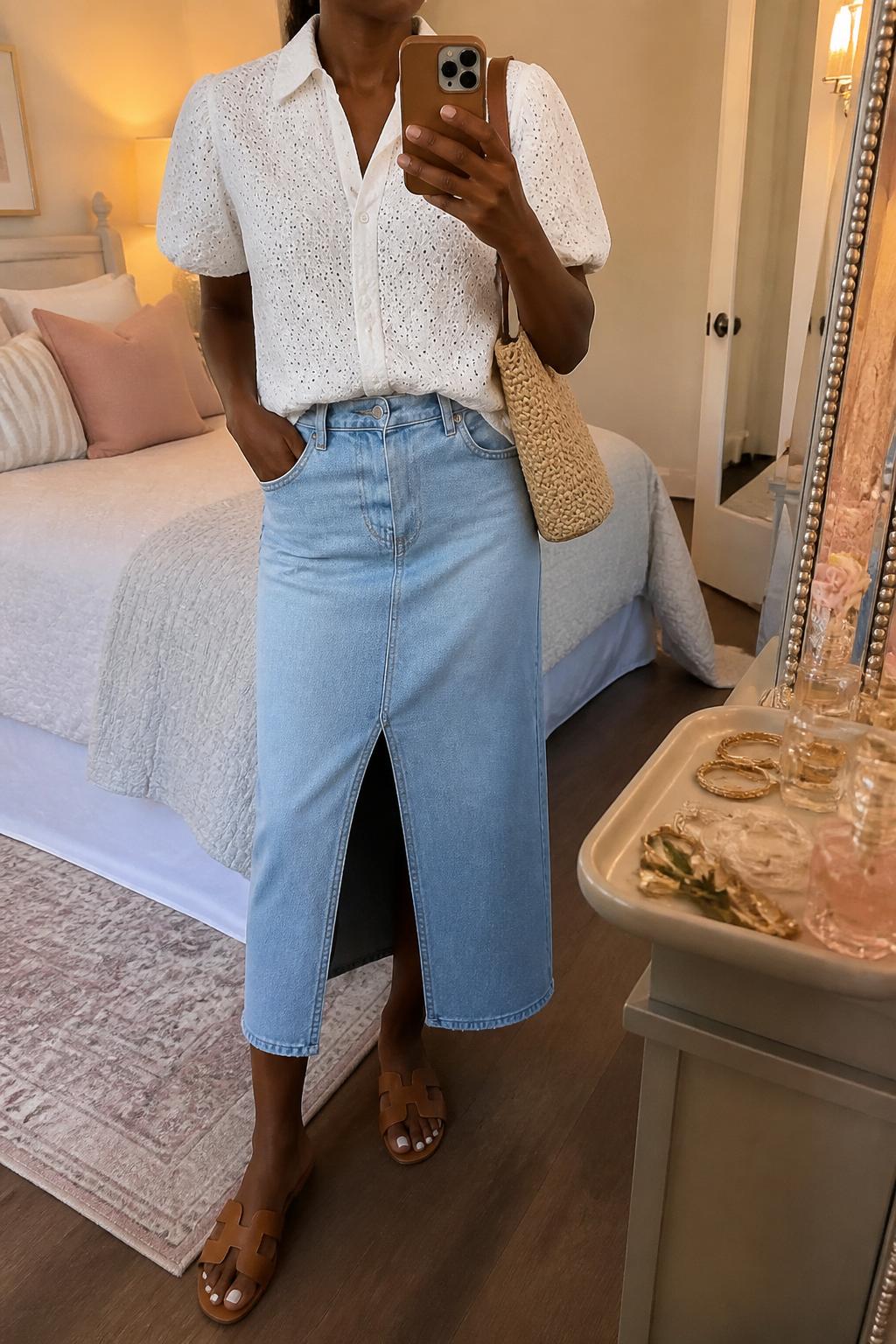 IMAGE_PROMPT: mirror selfie of a black woman wearing a white eyelet short-sleeve blouse, light wash denim midi skirt with front slit, tan leather slide sandals, raffia shoulder bag, and pearl stud earrings, clearly showing the same clothing items listed in the Outfit Pieces section, holding a phone in front of a mirror, cropped at the NECK so the face does not show, relaxed casual selfie pose, in a feminine-themed bedroom, evening golden hour, with jewelry tray on the vanity, latest iPhone photo quality.