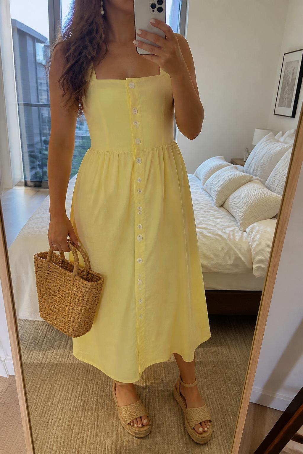 IMAGE_PROMPT: mirror selfie of a woman wearing a lemon yellow button-front cotton sundress, tan espadrille sandals, straw basket bag, pearl drop earrings, and loose wavy hair, clearly showing the same clothing items listed in the Outfit Pieces section, holding a phone in front of a mirror, cropped at the NECK so the face does not show, relaxed casual selfie pose, in a stylish city apartment bedroom, soft indoor lighting, with soft pillows on an unmade bed, latest iPhone photo quality.