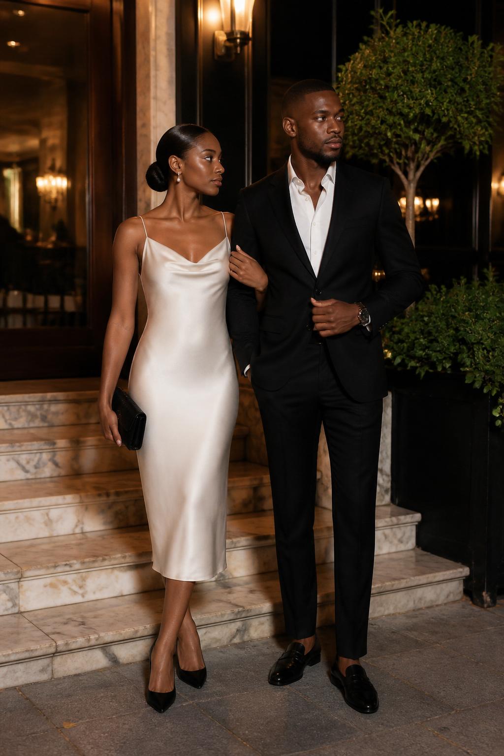 Image Prompt:
A refined old money couple dinner outfit featuring a Black couple standing outside an elegant restaurant at night with warm lights, marble steps, greenery, and a quiet luxury mood. The woman wears an ivory satin midi dress with black pointed heels, a small black clutch, pearl drop earrings, and a sleek low bun. The man wears a black tailored suit with an ivory dress shirt, black leather loafers, a slim watch, and no tie for a relaxed formal feel. The outfits should feel coordinated through black and ivory tones, elegant evening textures, and polished styling. Realistic DSLR editorial fashion photo, full-body couple pose, classy dinner date mood, no text, no watermark.