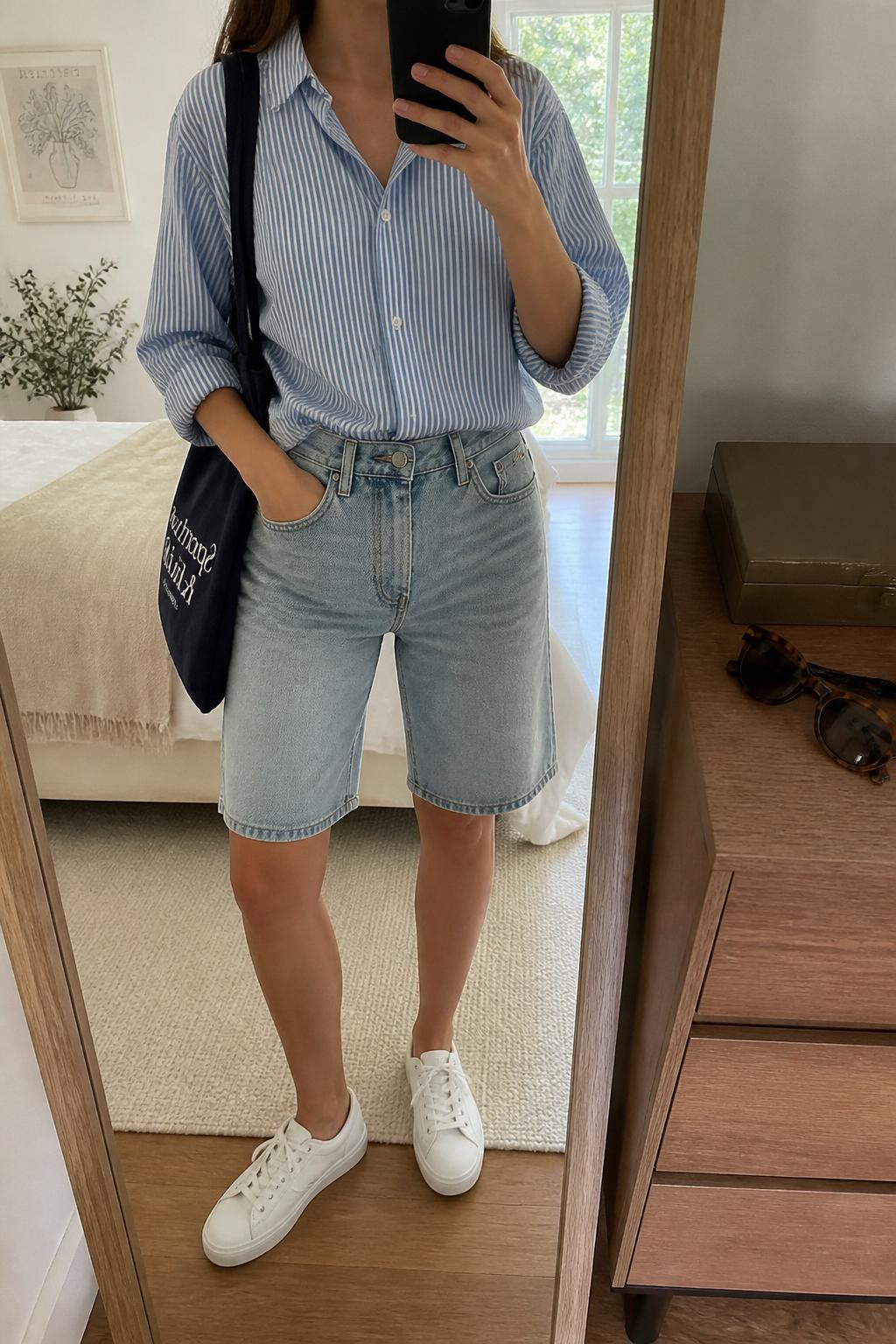 IMAGE_PROMPT: mirror selfie of a woman wearing a blue striped cotton button-down shirt, light wash denim Bermuda shorts, white low-top sneakers, navy canvas tote bag, and tortoiseshell sunglasses, clearly showing the same clothing items listed in the Outfit Pieces section, holding a phone in front of a mirror, cropped at the NECK so the face does not show, relaxed casual selfie pose, in a cozy bedroom mirror setup, natural window light, with sunglasses placed on a dresser, latest iPhone photo quality.