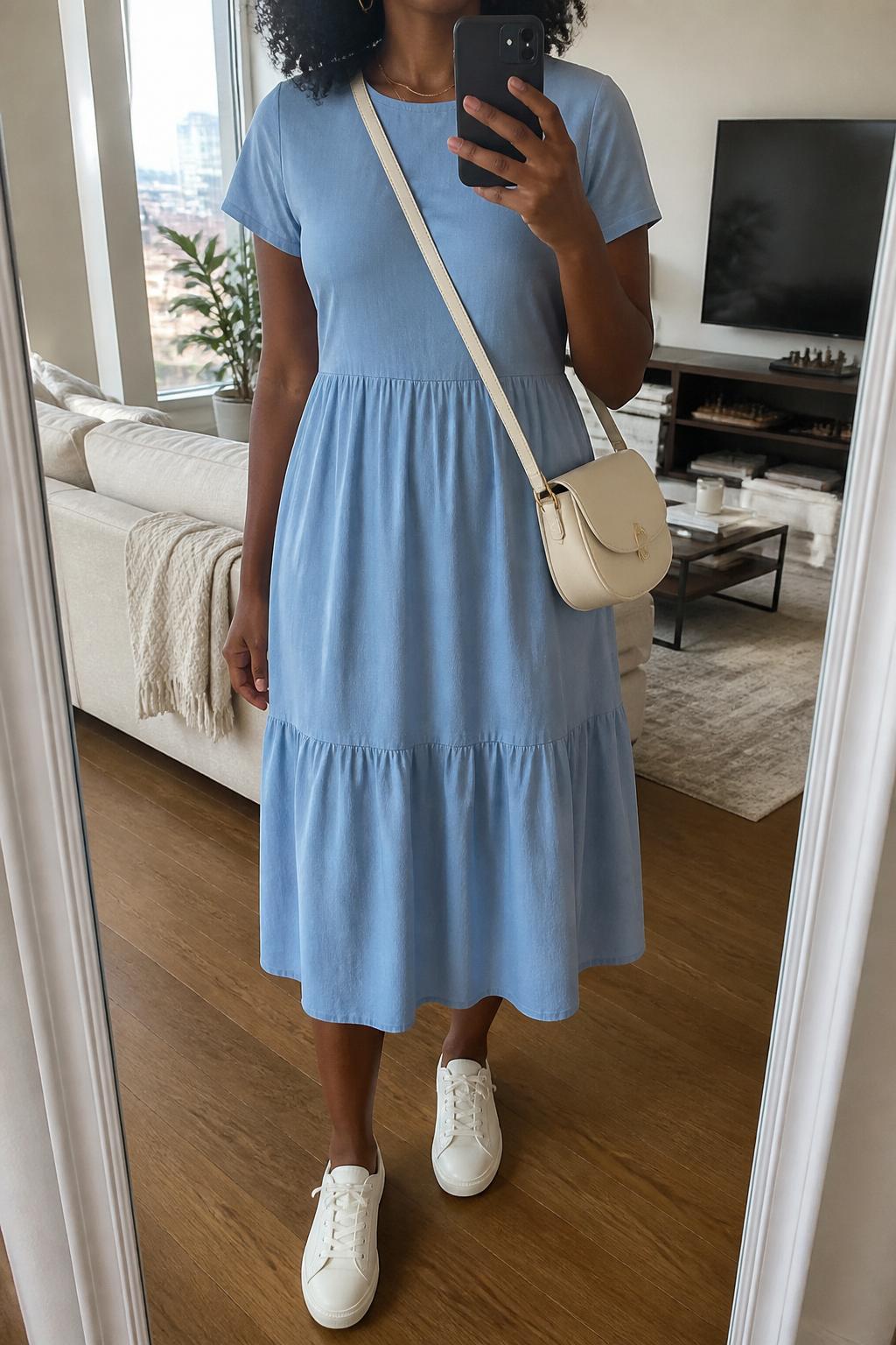 IMAGE_PROMPT: mirror selfie of a black woman wearing a soft blue cotton midi dress, white low-top sneakers, cream crossbody bag, small gold hoop earrings, and soft natural curls, clearly showing the same clothing items listed in the Outfit Pieces section, holding a phone in front of a mirror, cropped at the NECK so the face does not show, relaxed casual selfie pose, in a stylish city apartment living room, soft morning light, with throw blanket on a living room sofa, latest iPhone photo quality.