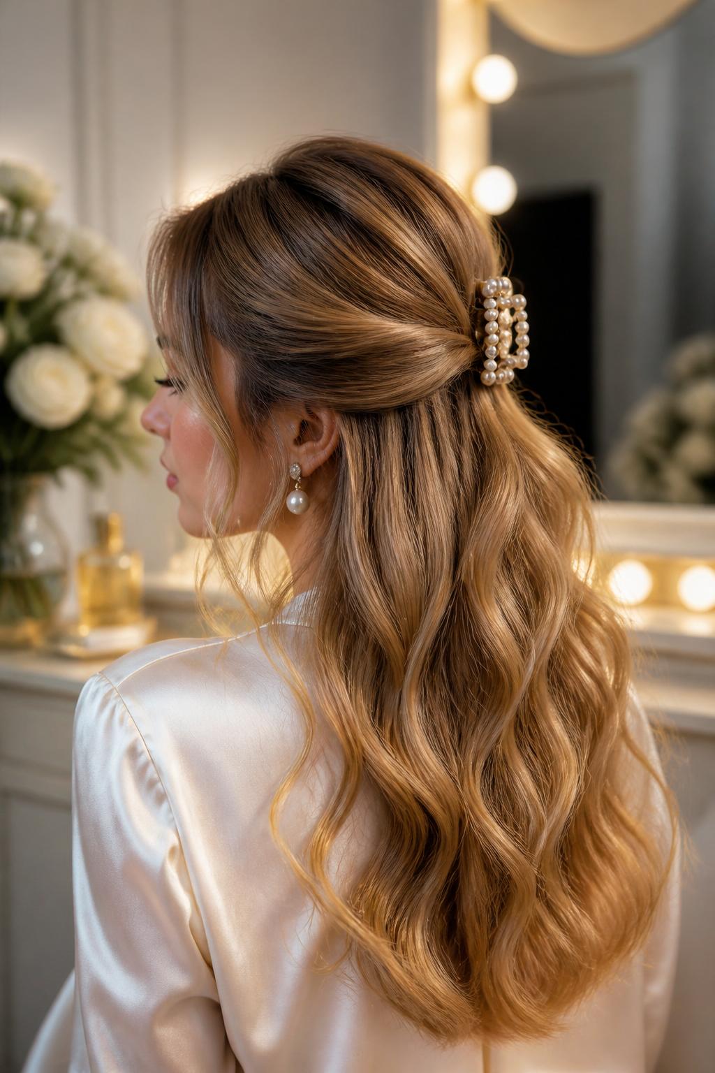 Image Prompt:
A realistic romantic hairstyle photo of a woman with long honey blonde waves styled half up half down with a pearl claw clip, top section softly twisted before clipping, loose curled pieces framing the face, pearl earrings, ivory satin blouse, softly blurred vanity mirror background, warm glowy indoor lighting, elegant feminine hairstyle inspiration, DSLR photo quality, no text, (no watermarks on images)