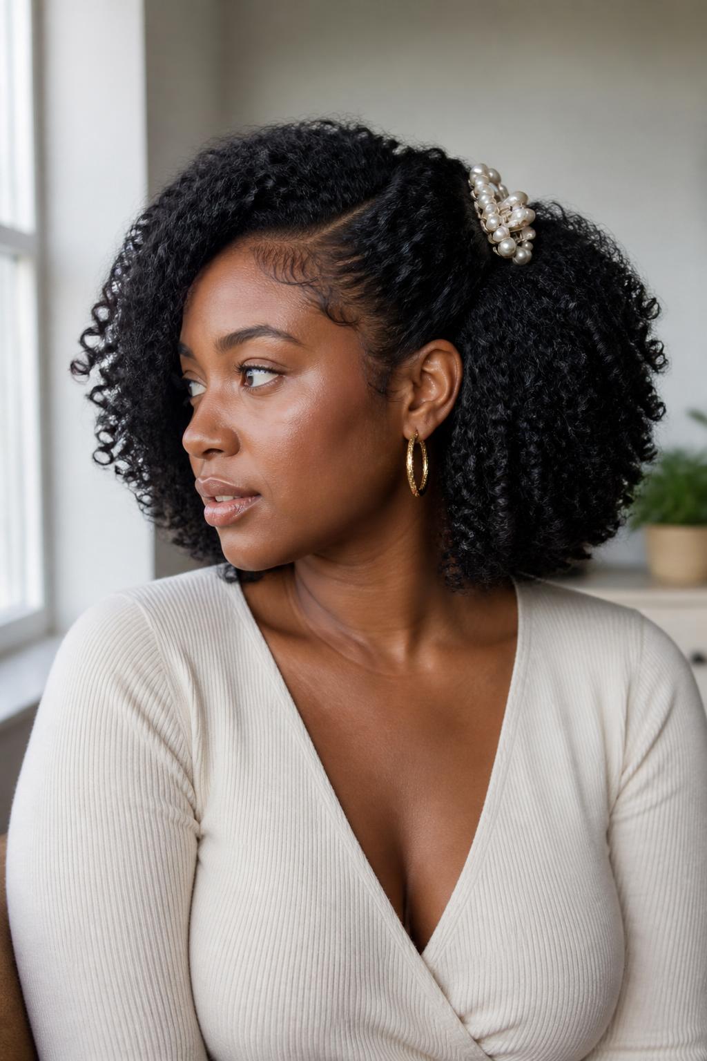 Image Prompt:
A realistic portrait photo of a black woman with medium-length natural curly hair styled with one side gently pulled back and secured with a pearl French clip, defined curls left full and rounded, soft baby hairs, warm brown skin, hoop earrings, cream ribbed top, bright window light, clean neutral background, natural curly hairstyle inspiration, high-resolution DSLR photo, no text, (no watermarks on images)