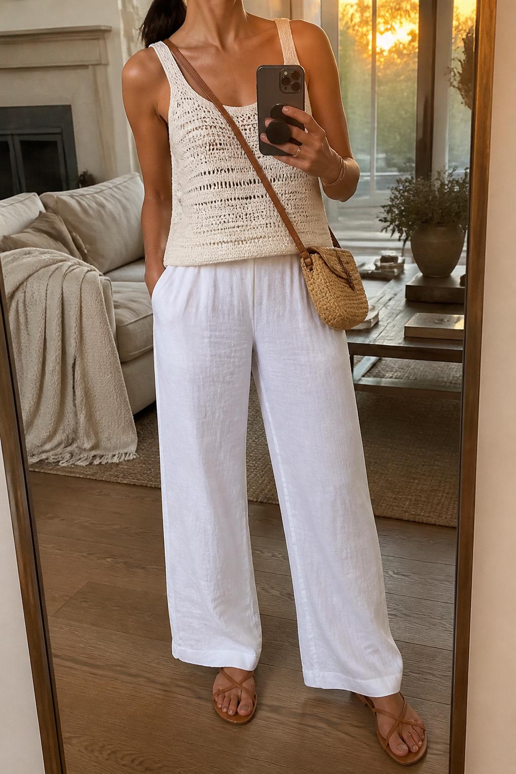 IMAGE_PROMPT: mirror selfie of a woman wearing a cream crochet tank, white wide-leg linen pants, tan strappy flat sandals, raffia crossbody bag, and sleek low ponytail, clearly showing the same clothing items listed in the Outfit Pieces section, holding a phone in front of a mirror, cropped at the NECK so the face does not show, relaxed casual selfie pose, in a cozy living room with a leaning floor mirror, evening golden hour, with throw blanket on a living room sofa, latest iPhone photo quality.