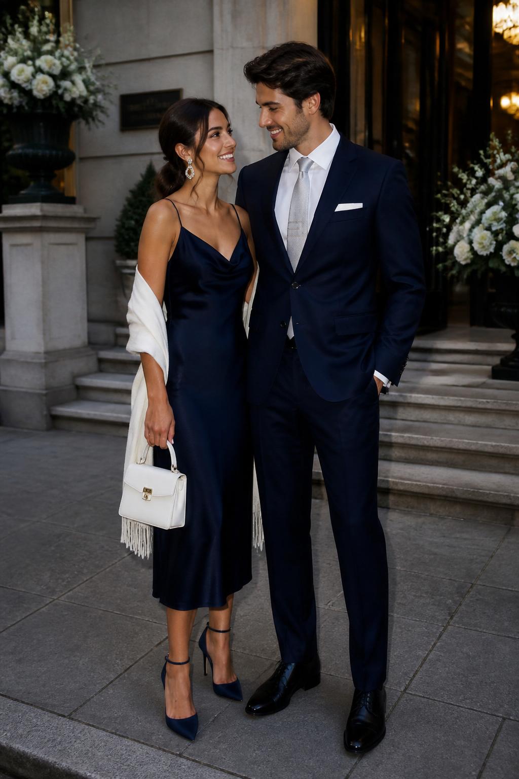 Outfit Image Prompt:
A polished couple standing outside a classy city wedding venue, woman wearing a navy satin slip dress with a cowl neckline, ivory shawl draped over her shoulders, silver earrings, navy heels, and a structured white mini bag, man wearing a deep navy suit with an ivory dress shirt, silver tie clip, white pocket square, and black leather dress shoes, sleek city background with stone steps and floral urns, coordinated navy couple wedding guest outfits, chic urban wedding style, full-body editorial photography, elegant evening lighting, clean modern styling, no watermarks on images