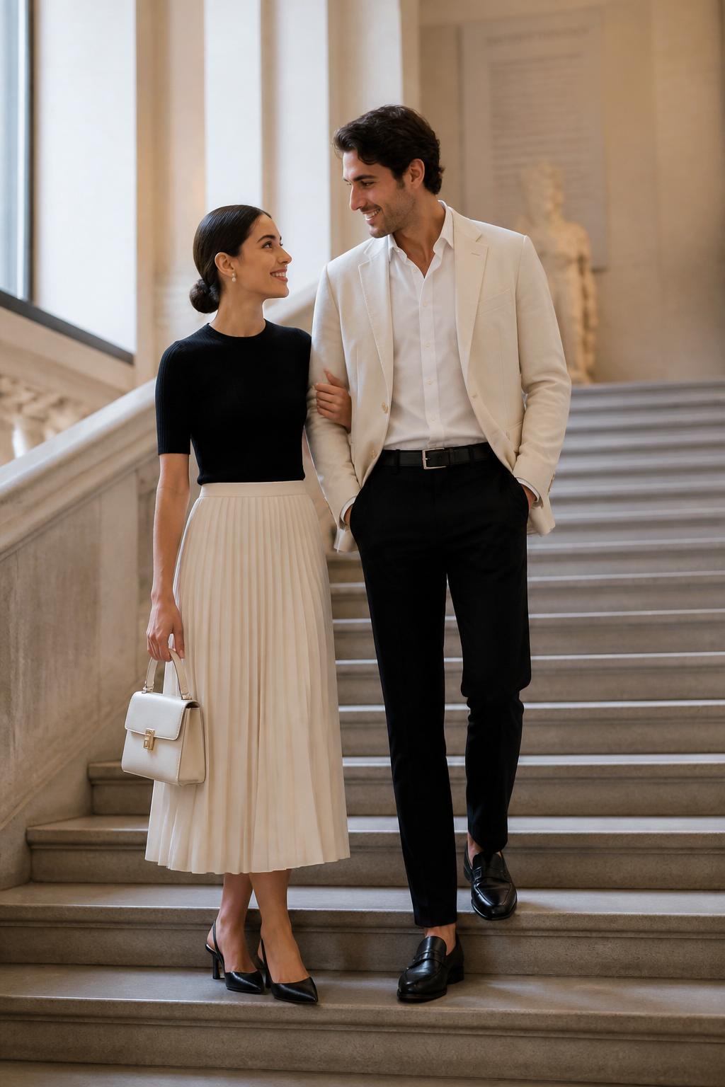 Outfit Image Prompt:
A stylish couple standing on a quiet museum staircase before a semi formal daytime event, realistic soft editorial photo style, natural skin texture, gentle daylight from large windows, realistic shadows, softly blurred architectural background. The woman wears a cream pleated midi skirt, a fitted black knit top, black slingback heels, a structured cream handbag, pearl studs, and a neat low bun. The man wears black tailored trousers, a white shirt, a soft cream blazer, black loafers, and a slim black belt. Their outfits coordinate through cream and black contrast, with a polished but easy mood. Include natural clothing folds, slightly imperfect real-life styling, relaxed posture, no over-sharpening, no plastic skin, no waxy faces, no fake-perfect hands, no airbrushed finish, no watermarks on images.
