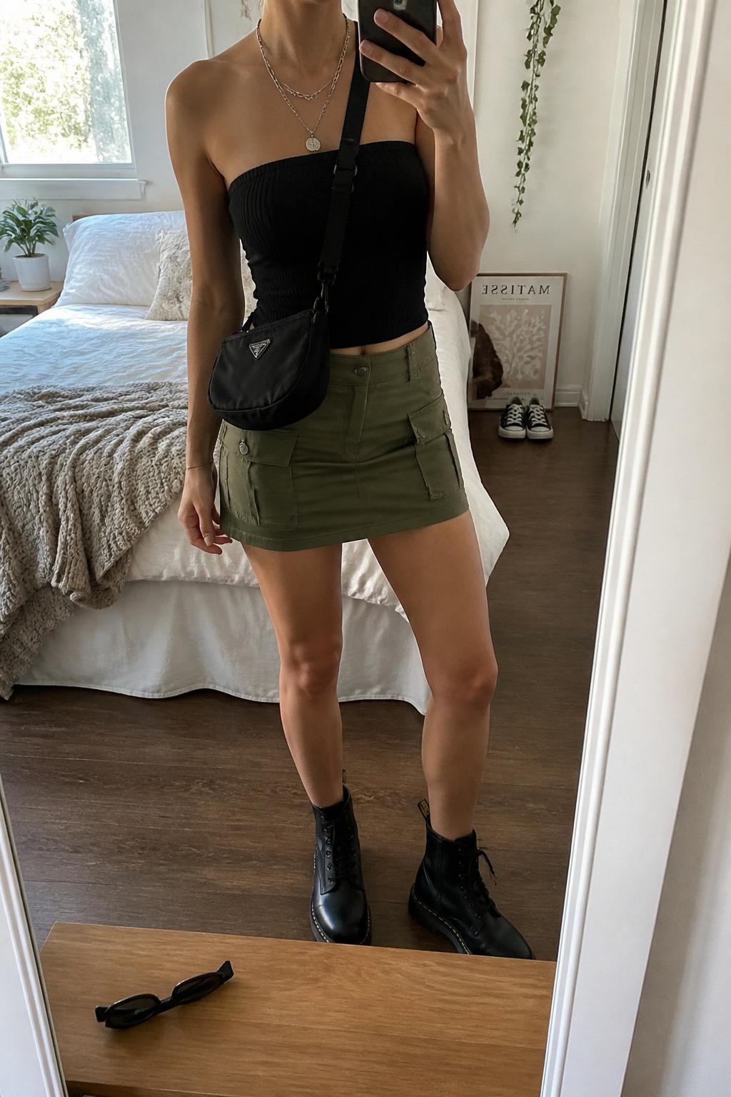 IMAGE_PROMPT: mirror selfie of a woman wearing a black ribbed tube top, olive cargo mini skirt, black lace-up ankle boots, black nylon crossbody bag, and layered silver necklaces, clearly showing the same clothing items listed in the Outfit Pieces section, holding a phone in front of a mirror, cropped at the NECK so the face does not show, relaxed casual selfie pose, in a cozy bedroom mirror setup, natural window light, with sunglasses placed on a dresser, latest iPhone photo quality.