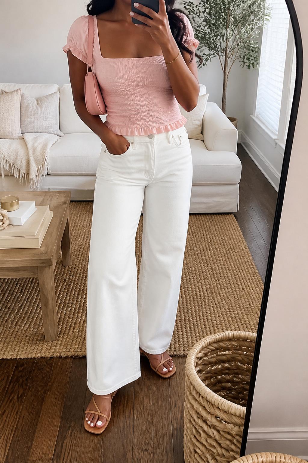 IMAGE_PROMPT: mirror selfie of a black woman wearing a soft pink smocked square-neck top, white wide-leg jeans, nude strappy flat sandals, pink mini shoulder bag, and delicate gold bracelet, clearly showing the same clothing items listed in the Outfit Pieces section, holding a phone in front of a mirror, cropped at the NECK so the face does not show, relaxed casual selfie pose, in a cozy living room with a leaning floor mirror, natural window light, with woven basket near the mirror, latest iPhone photo quality.
