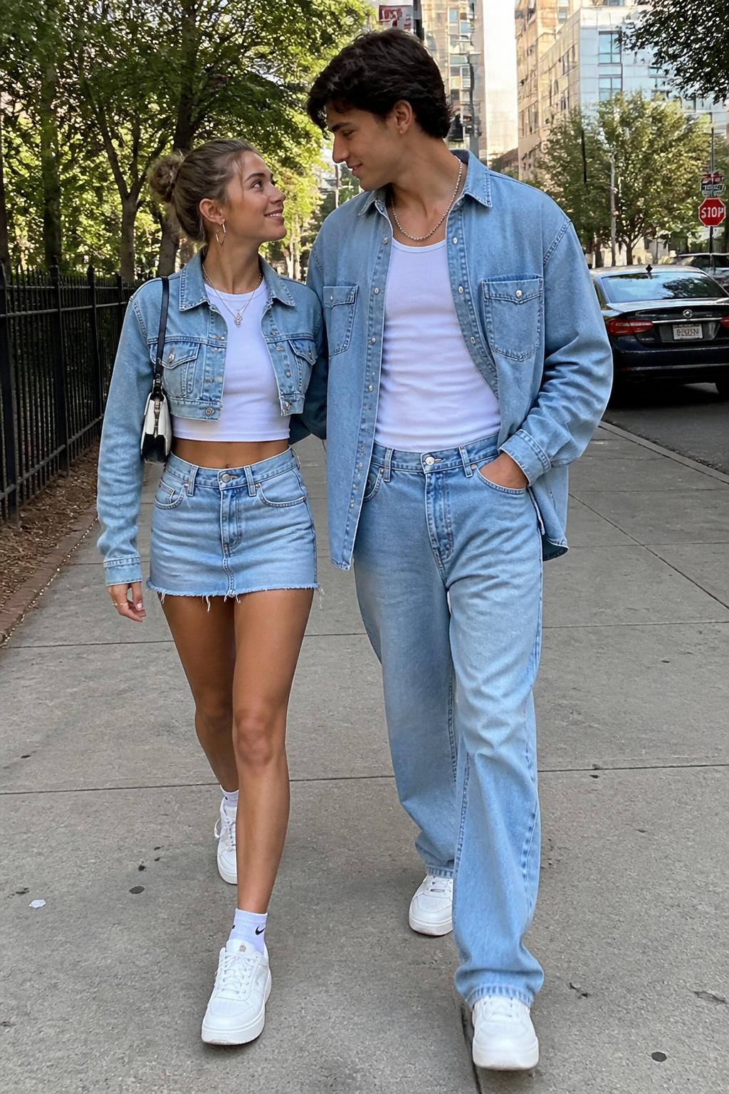 Outfit Image Prompt:
A stylish couple wearing Y2K-inspired double denim outfits on a sunny city sidewalk, woman wearing a light wash denim mini skirt, fitted white baby tee, cropped denim jacket, silver hoop earrings, tiny shoulder bag, and white platform sneakers, man wearing baggy light wash jeans, white fitted tank top, oversized denim shirt worn open, silver chain necklace, and chunky white sneakers, coordinated denim couple outfit, natural candid walking pose, slightly imperfect real-life styling, soft daylight, realistic phone-camera fashion photo, natural skin texture, normal fabric wrinkles, no over-sharpening, no plastic-looking skin, no overly glossy finish, no AI-perfect symmetry, casual street background, no watermarks on images