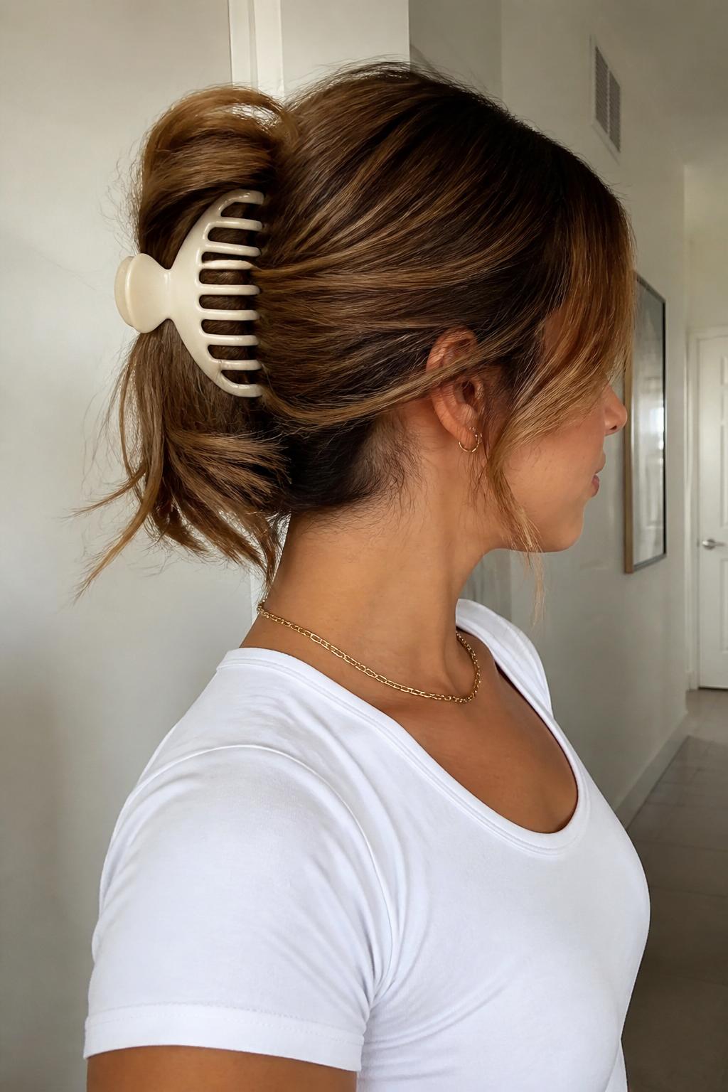 Image Prompt:
A realistic beauty photo of a woman with long caramel brown hair styled into a folded ponytail claw clip hairstyle, hair gathered like a low ponytail then folded upward and clipped with a wide cream claw clip, ends falling softly over the clip, soft waves, fitted white tee, gold chain necklace, relaxed home hallway background, clean natural light, no text, no watermark.