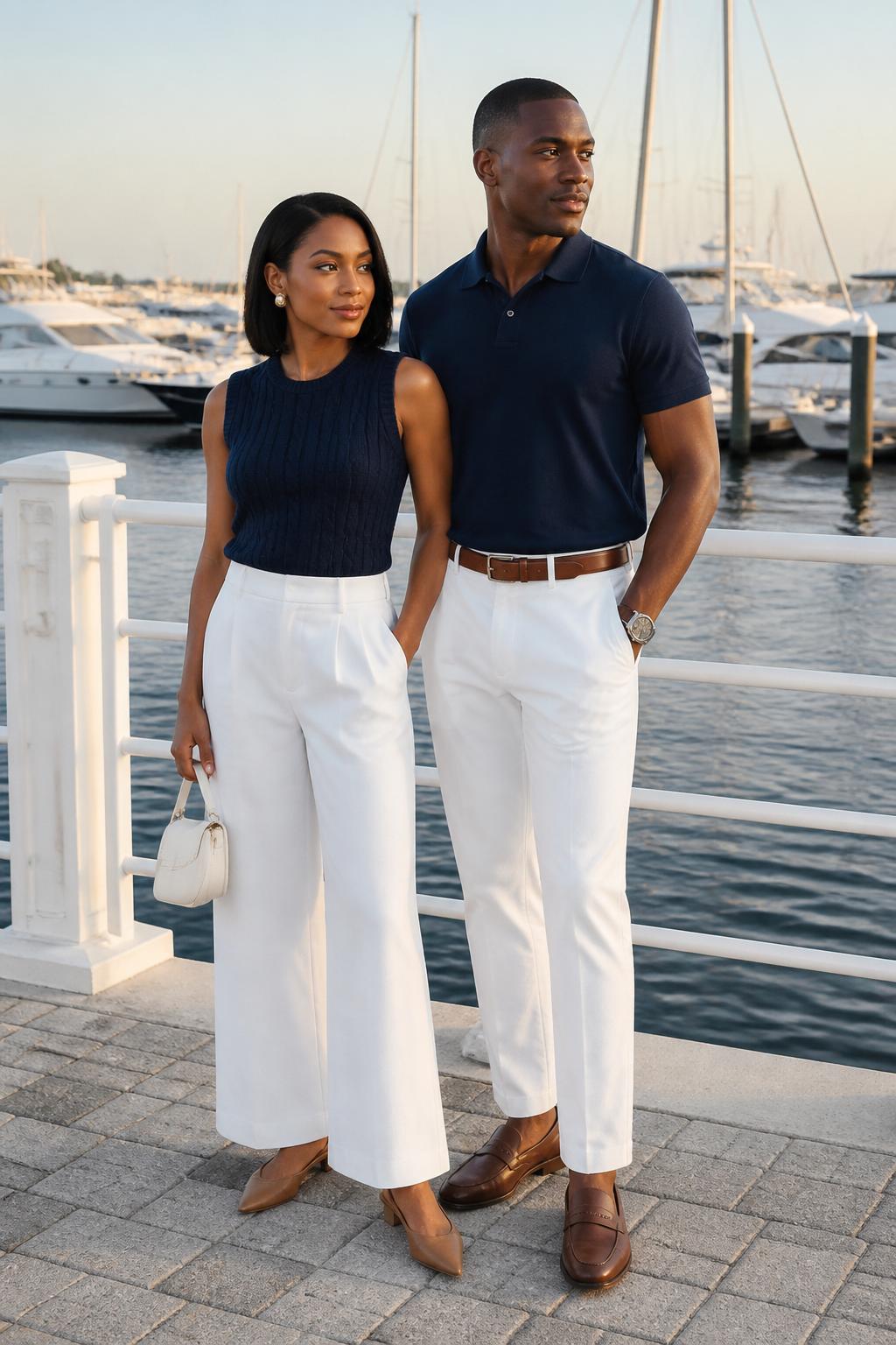 Image Prompt:
A refined old money couple outfit featuring a Black couple standing near a marina with sailboats, blue water, white railings, and soft golden hour light. The woman wears a white wide-leg trouser with a navy sleeveless knit top, tan slingback flats, a small white handbag, gold earrings, and sleek shoulder-length hair. The man wears a navy polo shirt, crisp white chinos, brown leather loafers, a brown belt, and a silver watch. Both outfits should feel polished, coastal, and old money inspired, with navy and white as the main color story. Realistic DSLR fashion editorial photo, full-body couple styling, elegant summer mood, no text, no watermark.