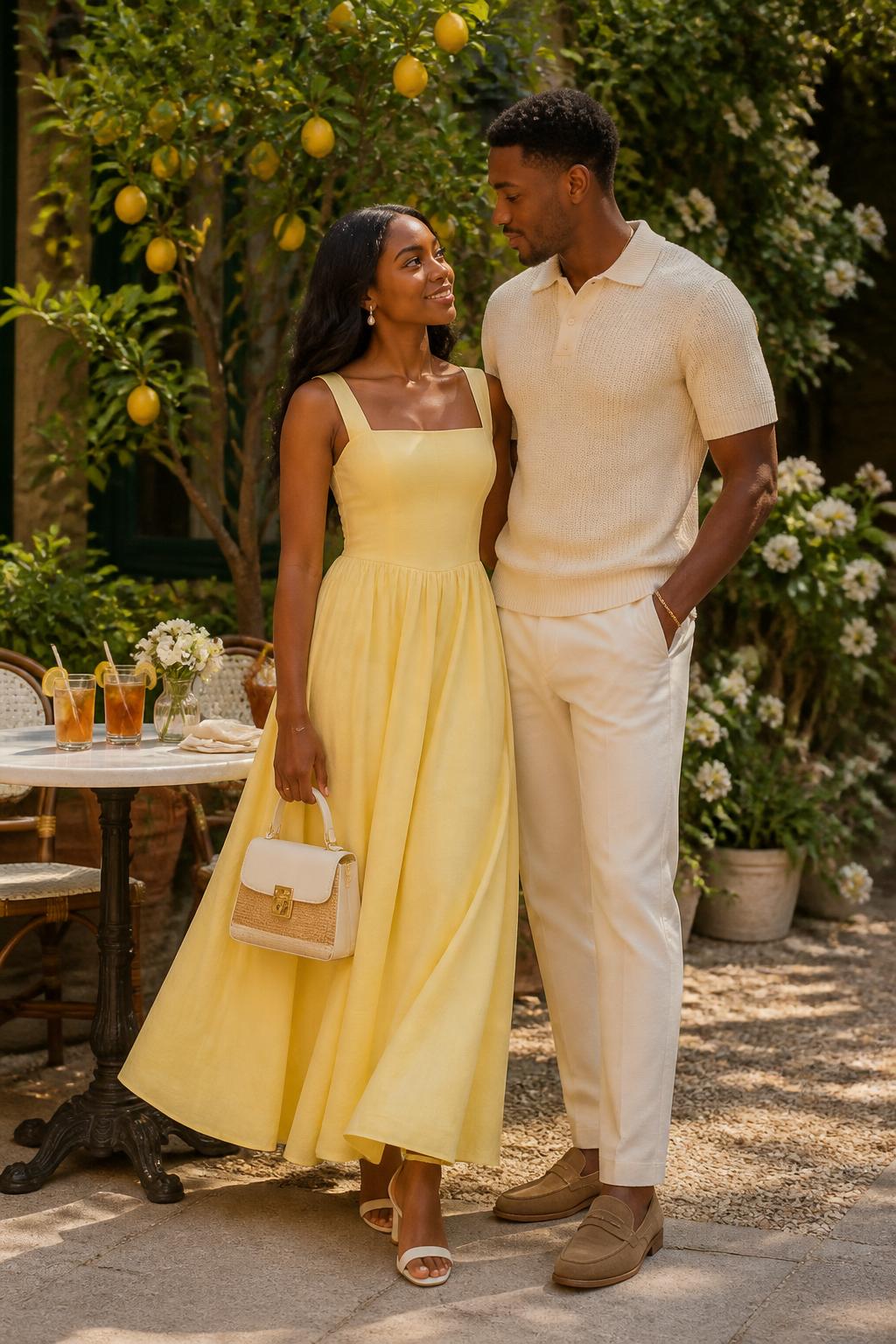 Outfit Image Prompt:
A Black couple dressed in soft summer outfits for a romantic garden brunch, woman wearing a butter yellow flowy maxi dress with a square neckline, pearl drop earrings, white low-heel sandals, and a small raffia handbag, man wearing a cream knit polo shirt, cream chinos, tan loafers, and a slim gold bracelet, standing beside a garden café table with iced drinks, lemon trees, white flowers, and soft sunlight, coordinated yellow and cream summer couple outfits, romantic editorial fashion photo, full-body shot, warm natural tones, realistic skin tones and fabric movement, no watermarks on images