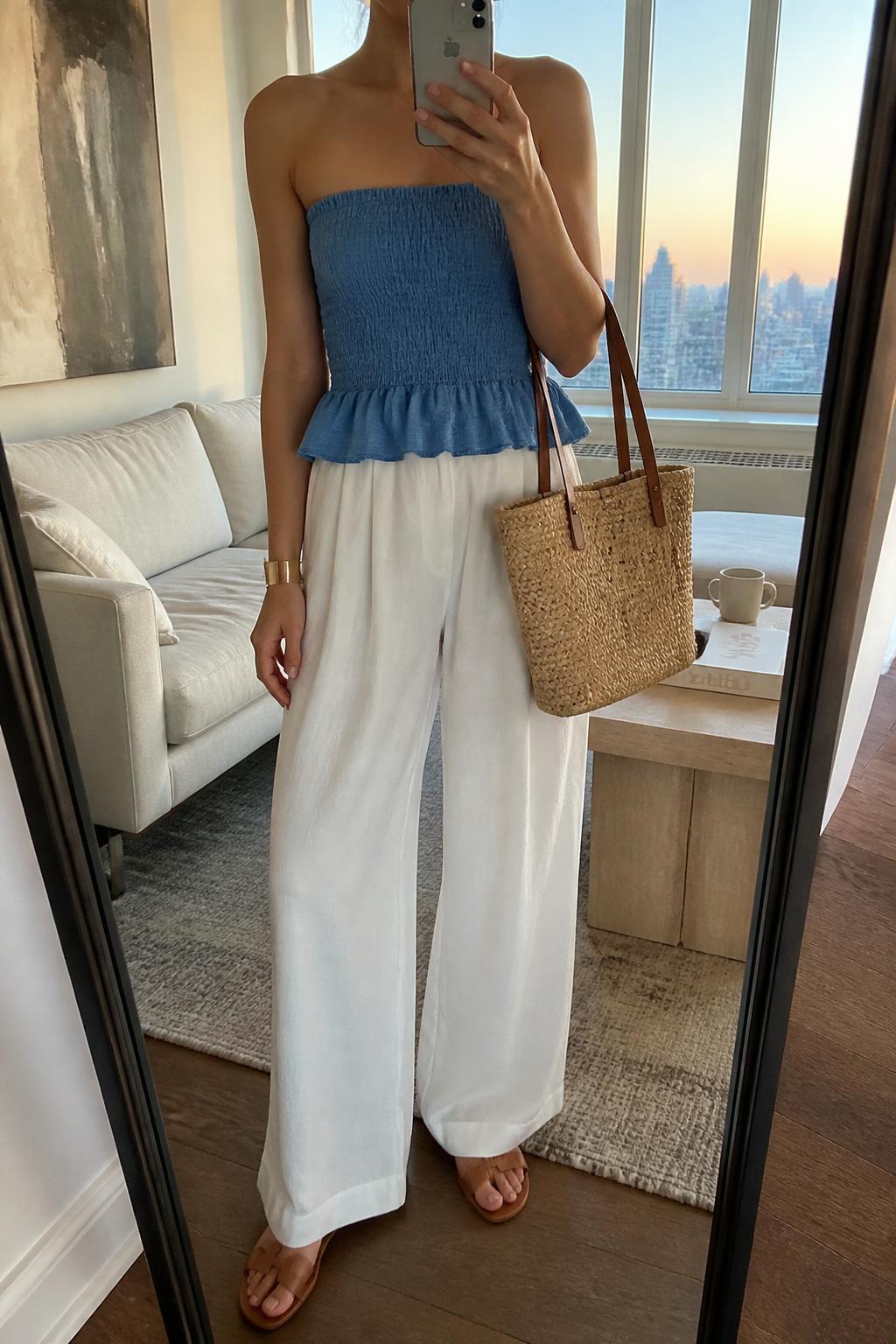 IMAGE_PROMPT: mirror selfie of a woman wearing a blue strapless cotton top, white palazzo pants, tan leather flat sandals, woven tote bag, and gold cuff bracelet, clearly showing the same clothing items listed in the Outfit Pieces section, holding a phone in front of a mirror, cropped at the NECK so the face does not show, relaxed casual selfie pose, in a stylish city apartment living room, evening golden hour, with coffee table with a book and mug, latest iPhone photo quality.