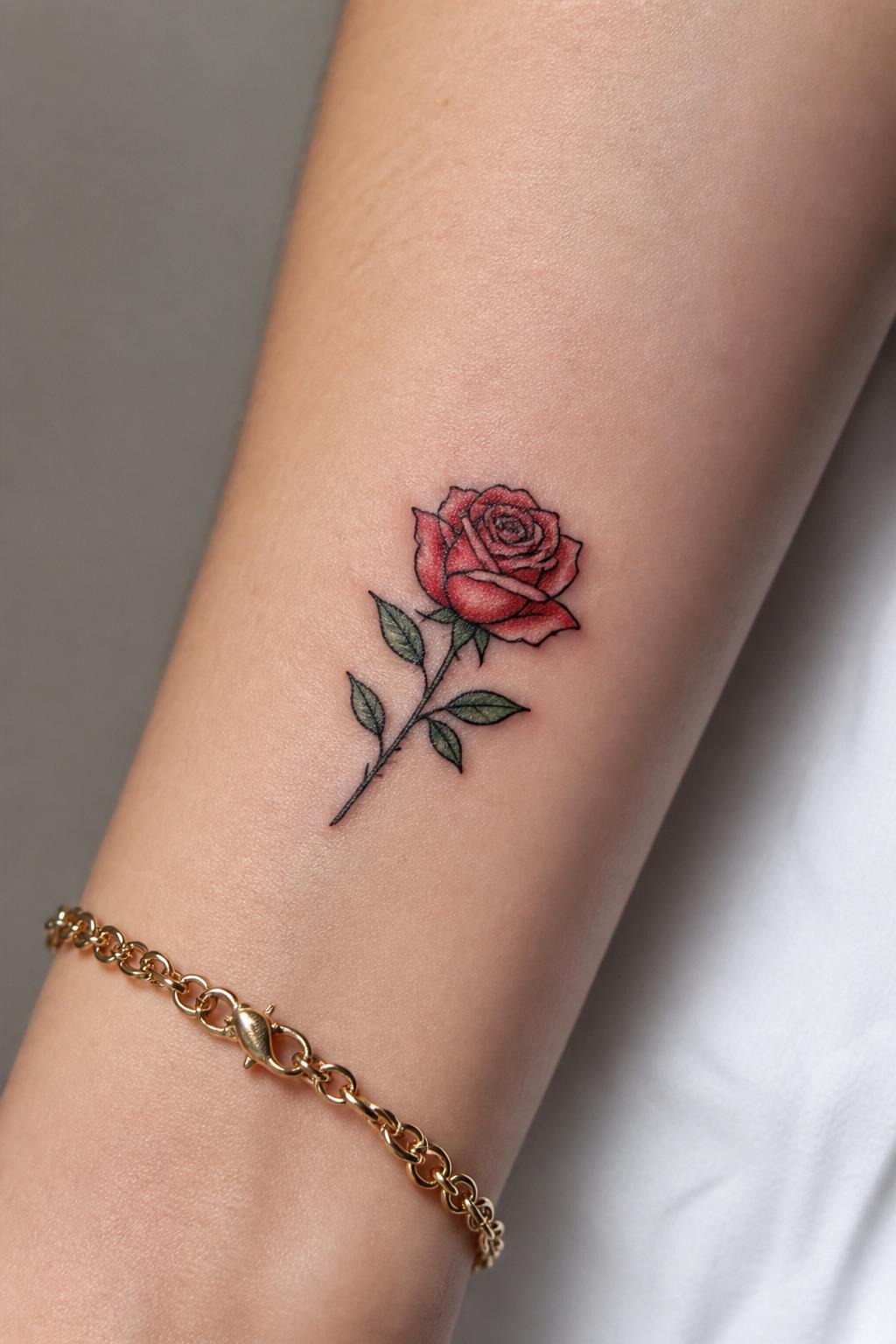 Image Prompt: "Tight crop of a mini rose flash tattoo on the forearm, clean black linework, soft red petal shading, small green leaves, delicate but classic tattoo style, gold bracelet nearby, soft neutral background, realistic skin texture, design-focused close-up tattoo photo"