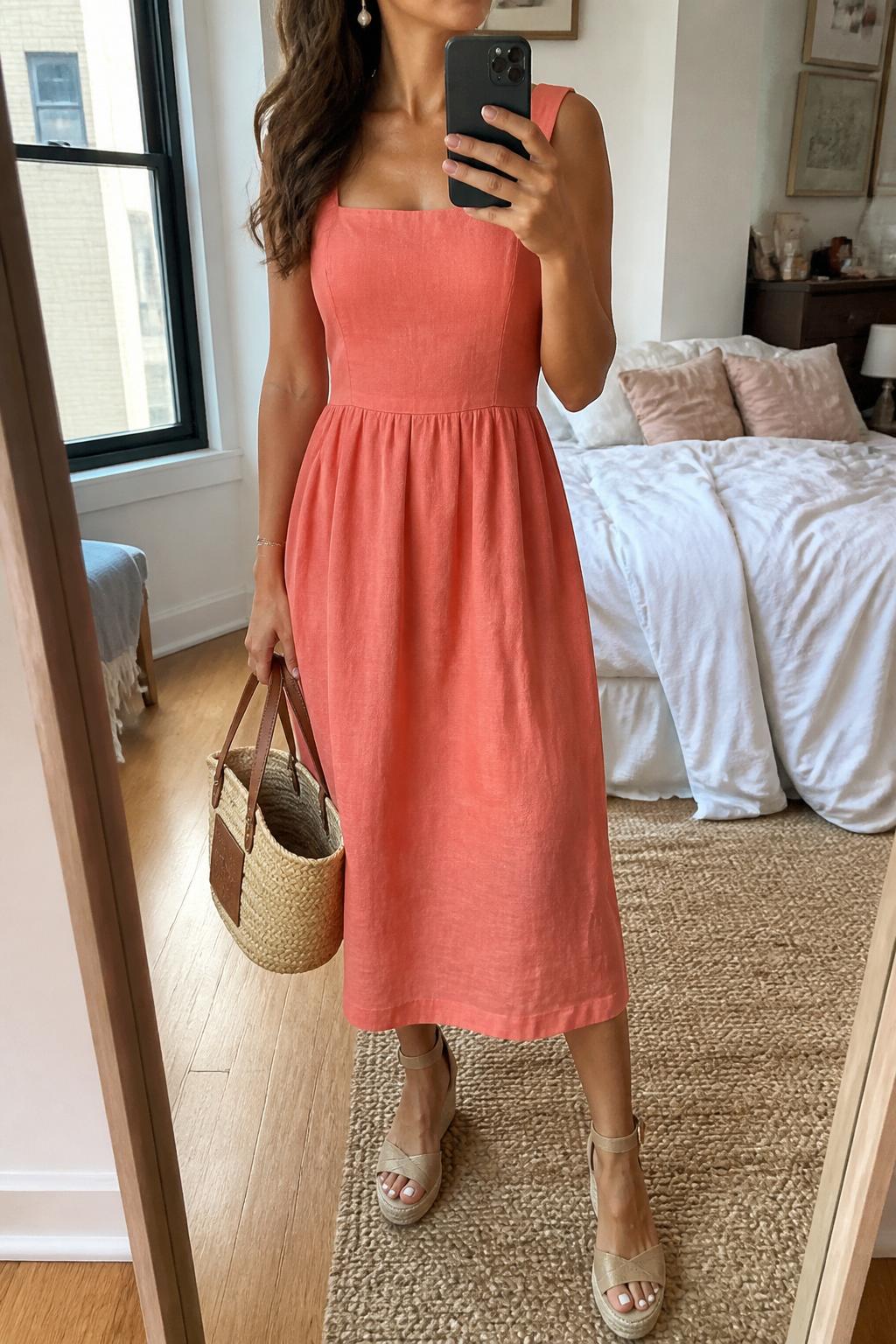 IMAGE_PROMPT: mirror selfie of a woman wearing a coral linen midi dress, tan wedge espadrilles, straw basket bag, pearl drop earrings, and loose wavy hair, clearly showing the same clothing items listed in the Outfit Pieces section, holding a phone in front of a mirror, cropped at the NECK so the face does not show, relaxed casual selfie pose, in a stylish city apartment bedroom, soft indoor lighting, with soft pillows on an unmade bed, latest iPhone photo quality.