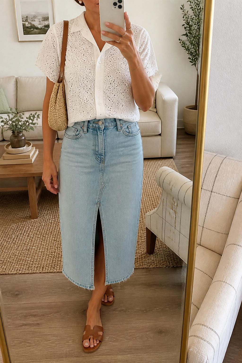 IMAGE_PROMPT: mirror selfie of a woman wearing a white eyelet short-sleeve blouse, light wash denim midi skirt with front slit, tan leather slide sandals, straw shoulder bag, and pearl stud earrings, clearly showing the same clothing items listed in the Outfit Pieces section, holding a phone in front of a mirror, cropped at the NECK so the face does not show, relaxed casual selfie pose, in a modern living room mirror setup, soft morning light, with accent chair beside the mirror, latest iPhone photo quality.