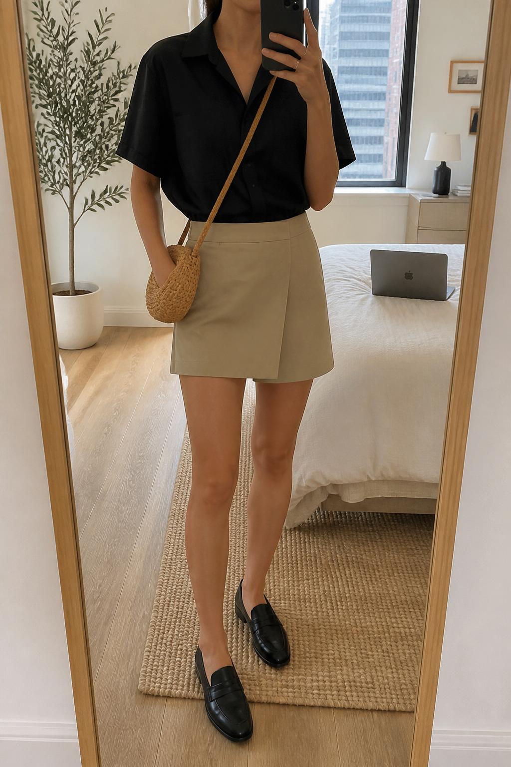 IMAGE_PROMPT: mirror selfie of a woman wearing a black short-sleeve cotton button-down shirt, khaki tailored mini skort, black leather loafers, tan woven crossbody bag, and sleek low ponytail, clearly showing the same clothing items listed in the Outfit Pieces section, holding a phone in front of a mirror, cropped at the NECK so the face does not show, relaxed casual selfie pose, in a stylish city apartment bedroom, soft indoor lighting, with laptop or tablet on the bed, latest iPhone photo quality.