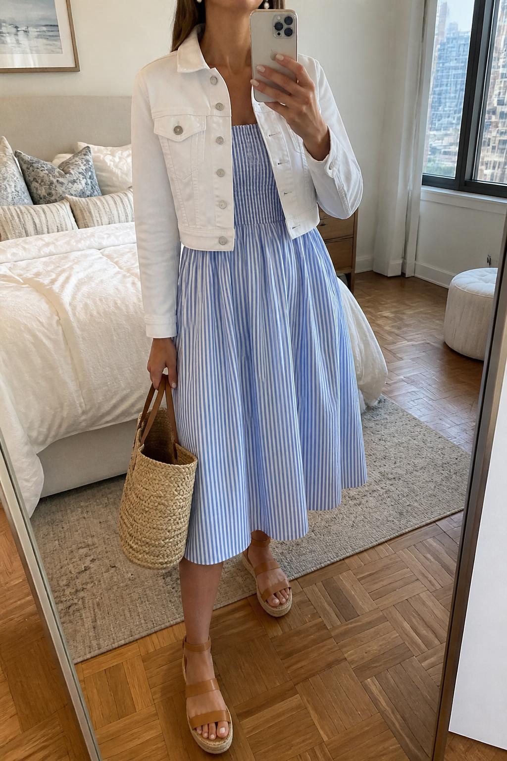 IMAGE_PROMPT: mirror selfie of a woman wearing a white cropped jean jacket, blue and white striped cotton midi dress, tan espadrille sandals, straw basket bag, and pearl stud earrings, clearly showing the same clothing items listed in the Outfit Pieces section, holding a phone in front of a mirror, cropped at the NECK so the face does not show, relaxed casual selfie pose, in a stylish city apartment bedroom, soft indoor lighting, with soft pillows on an unmade bed, latest iPhone photo quality.