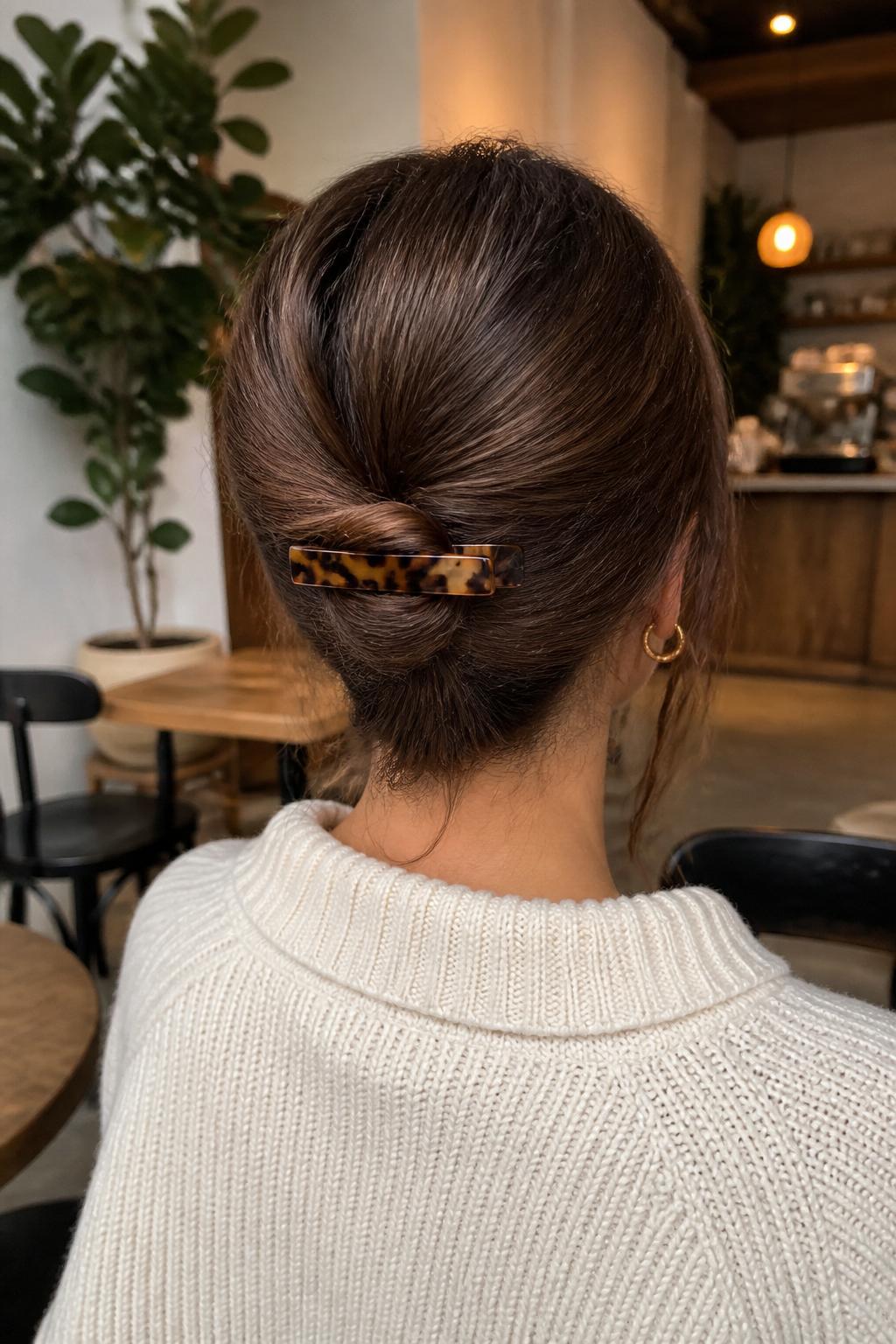 Image Prompt:
A realistic back-view hairstyle photo of a woman with medium-length brunette hair styled into a soft low twist secured horizontally with a tortoiseshell French clip, smooth crown with gentle volume, wispy strands around the nape, cream knit sweater, small gold hoops, cozy cafe interior background, warm daylight, polished everyday hairstyle inspiration, high-resolution DSLR photo, no text, (no watermarks on images)