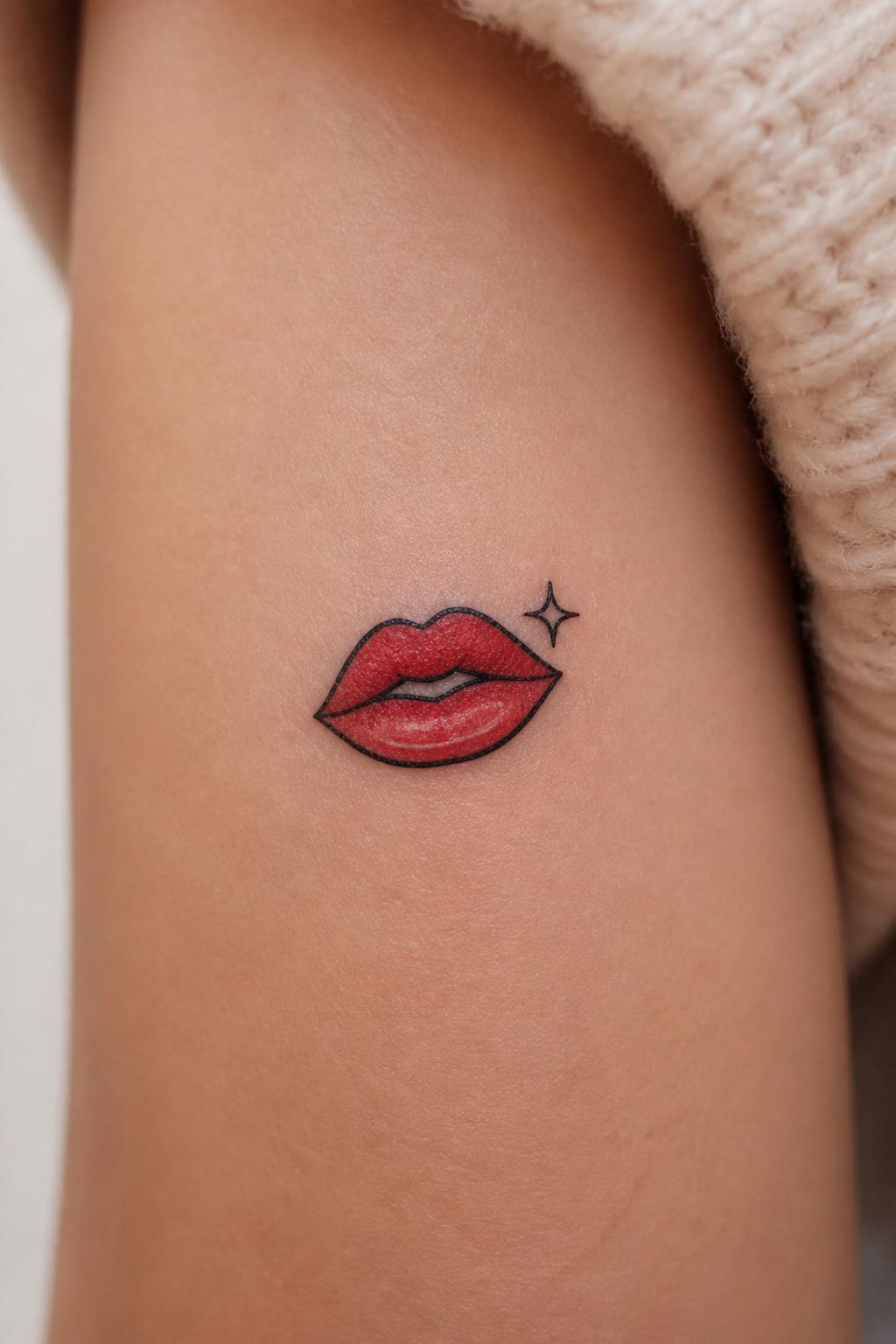 Image Prompt: "Extreme close-up of a small lip print flash tattoo on the back of the arm, clean black outline with soft red shading, tiny shine accent, playful feminine tattoo style, soft knit sleeve nearby, clean skin texture, minimal background, design-focused realistic tattoo inspiration photo"